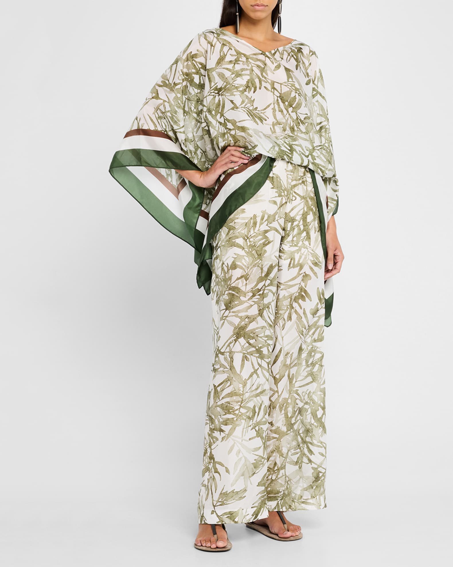 Brunello Cucinelli Herbarium-Print Silk Poncho | Neiman Marcus