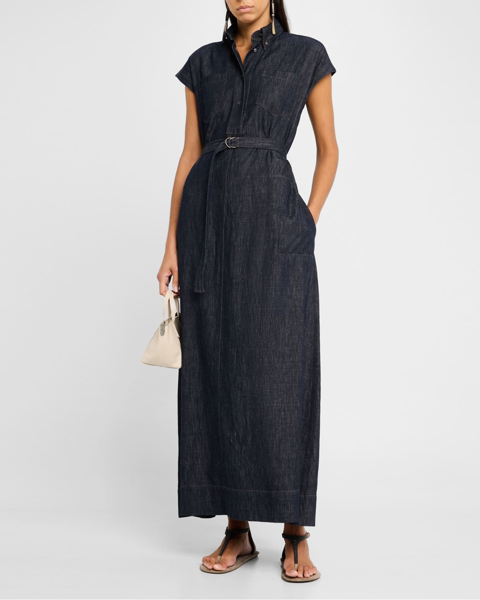Cap-Sleeve Belted Indigo Midi Shirtdress 1