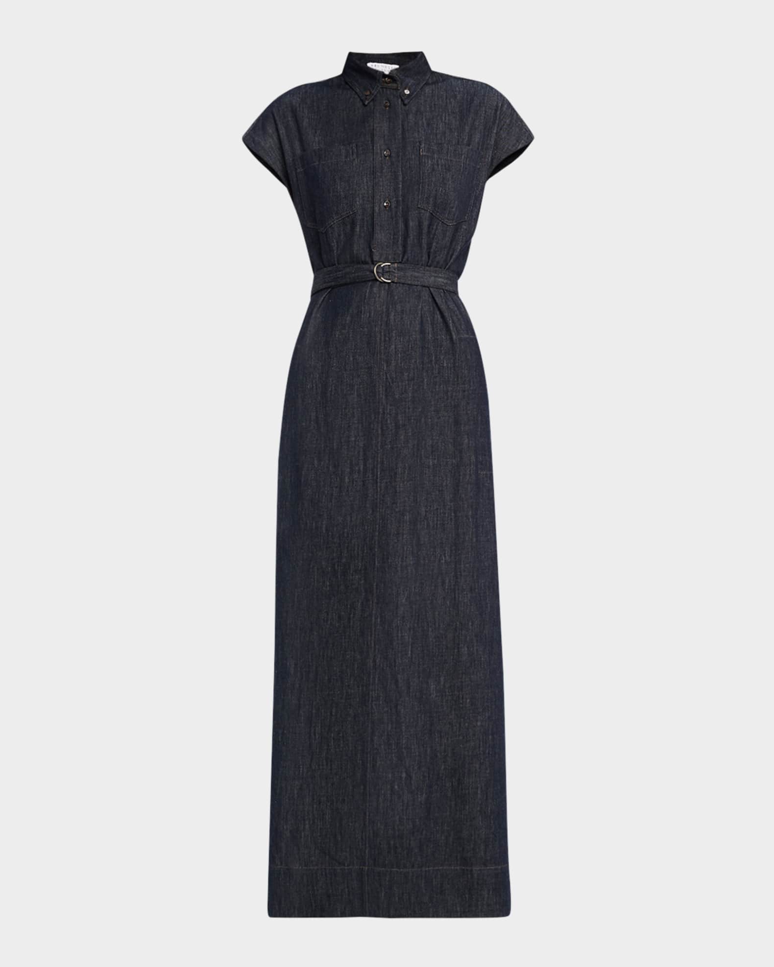 Cap-Sleeve Belted Indigo Midi Shirtdress 0