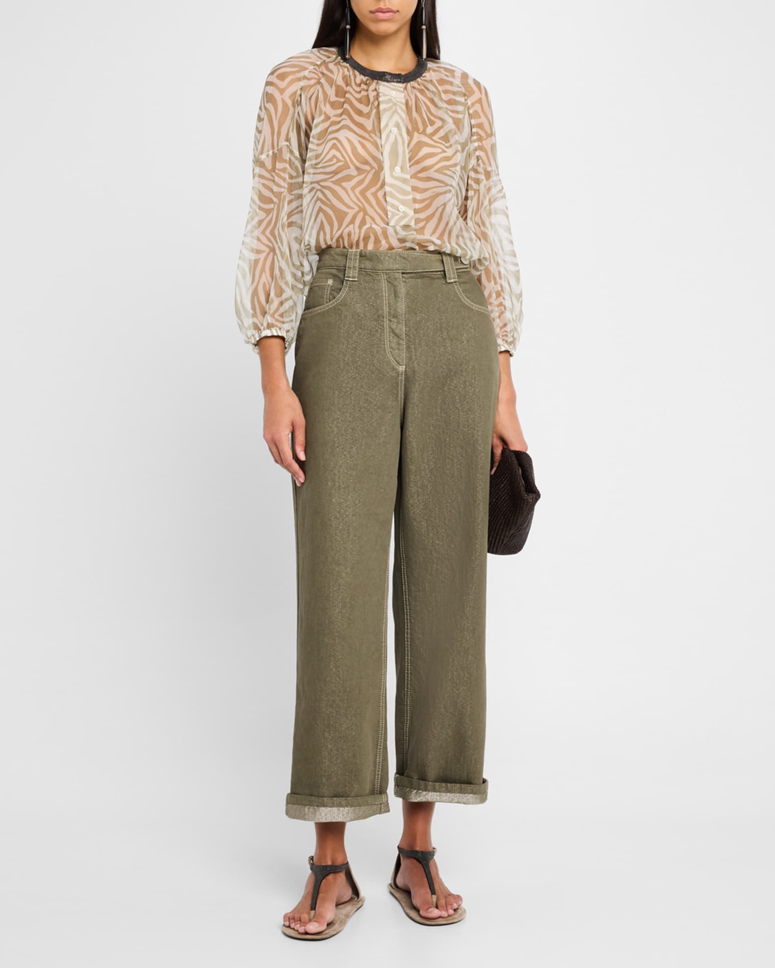 【BRUNELLO CUCINELLI 】Monile シアートップス Brunello Cucinelli Monili-Collar Animalier-Print Organza