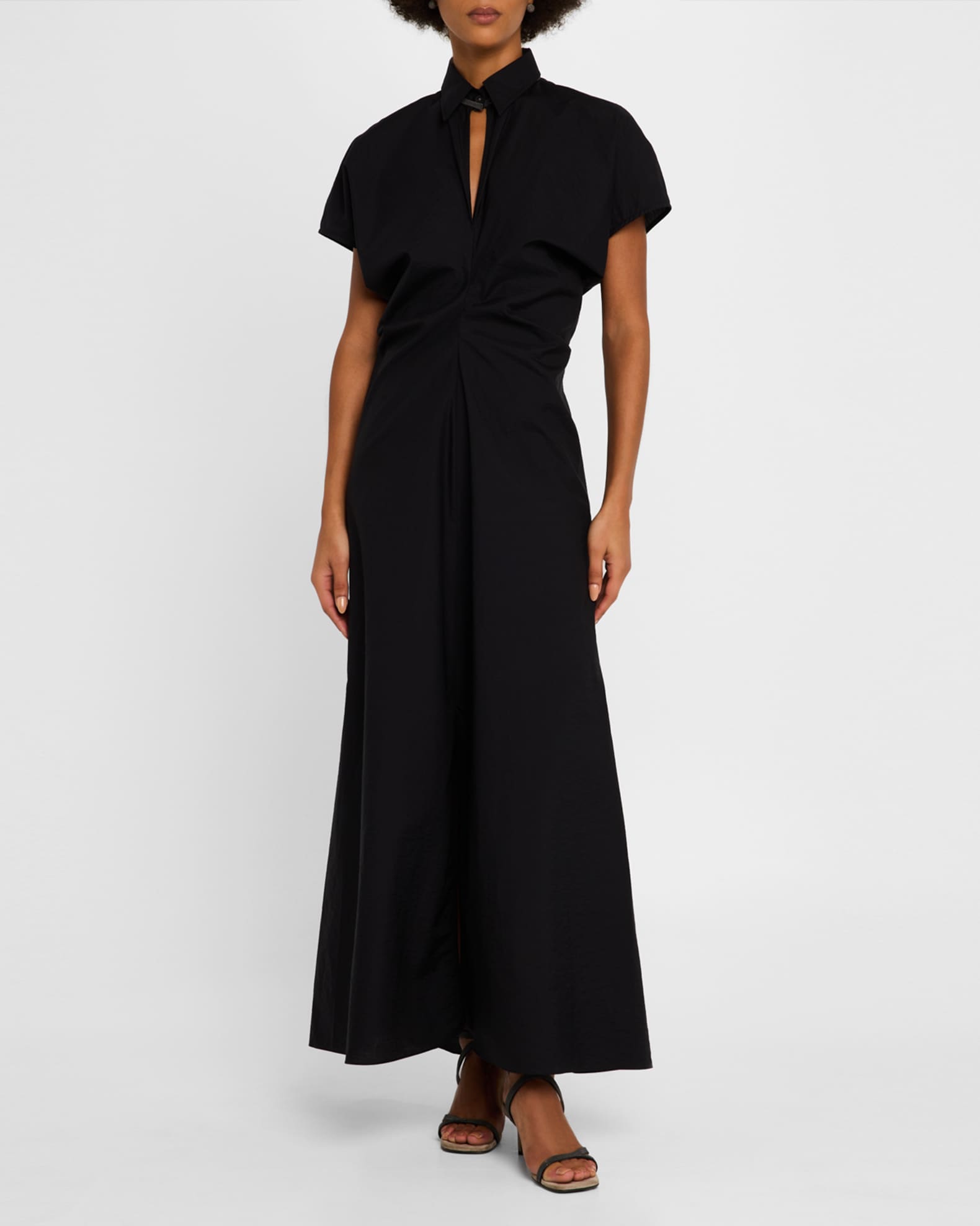 Shirred-Waist Cap-Sleeve Cotton Poplin Maxi Shirtdress With Monili Trim 1