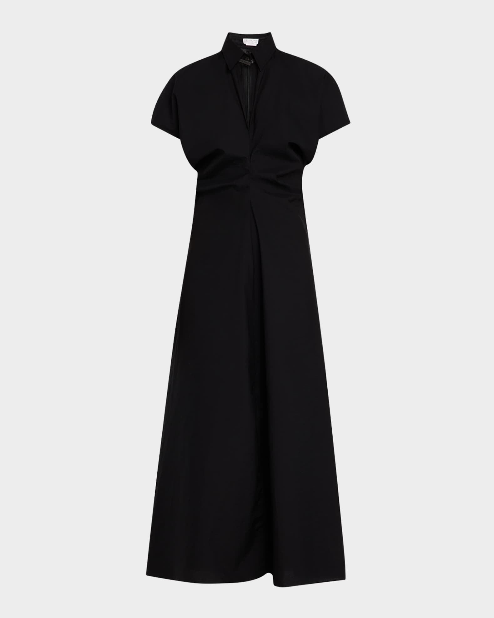 Shirred-Waist Cap-Sleeve Cotton Poplin Maxi Shirtdress With Monili Trim 0