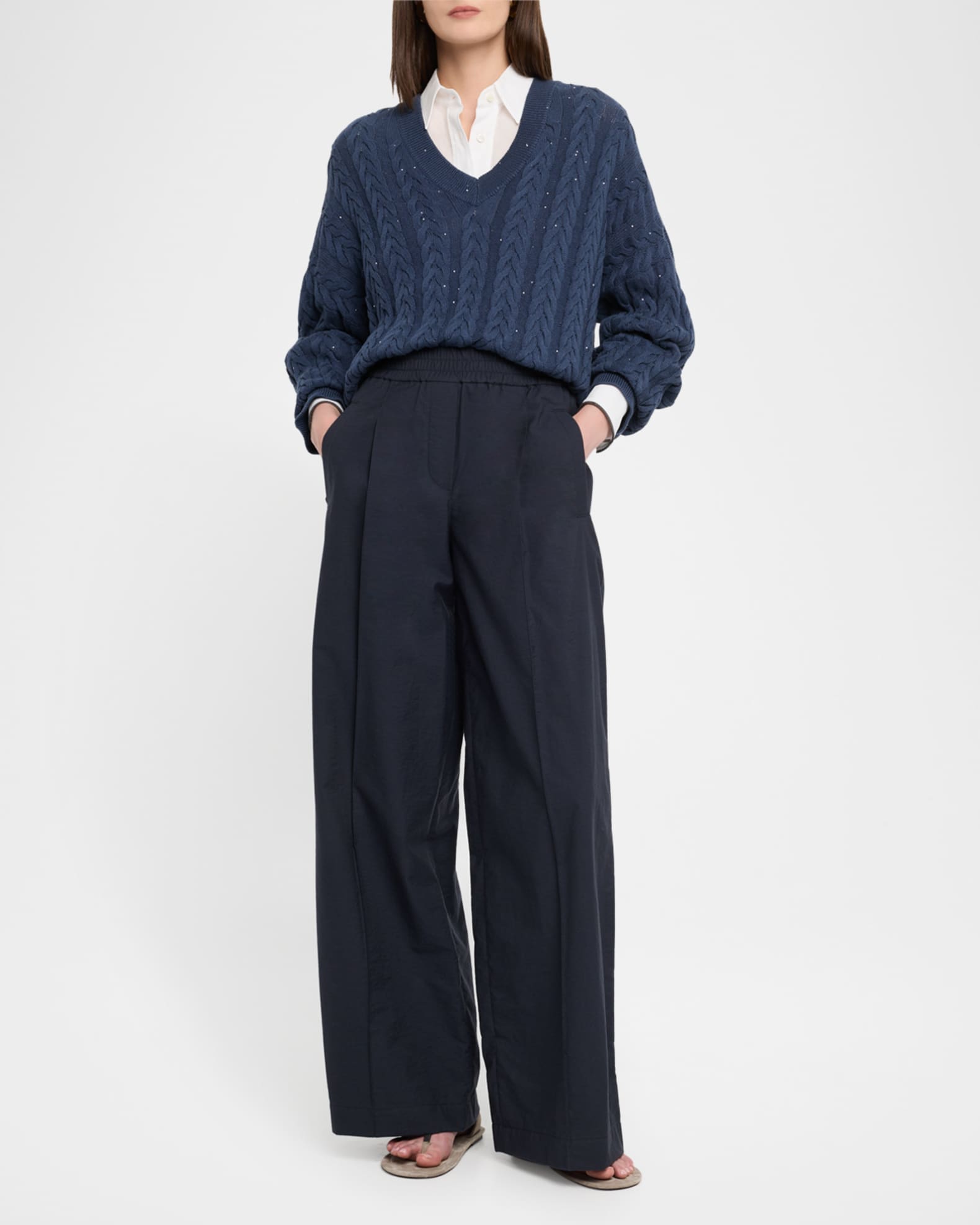 Brunello Cucinelli Pleated Crispy Diagonal Cotton Wide-Leg Brunello Cucinelli Pleated Crispy Diagonal Cotton Wide-Leg