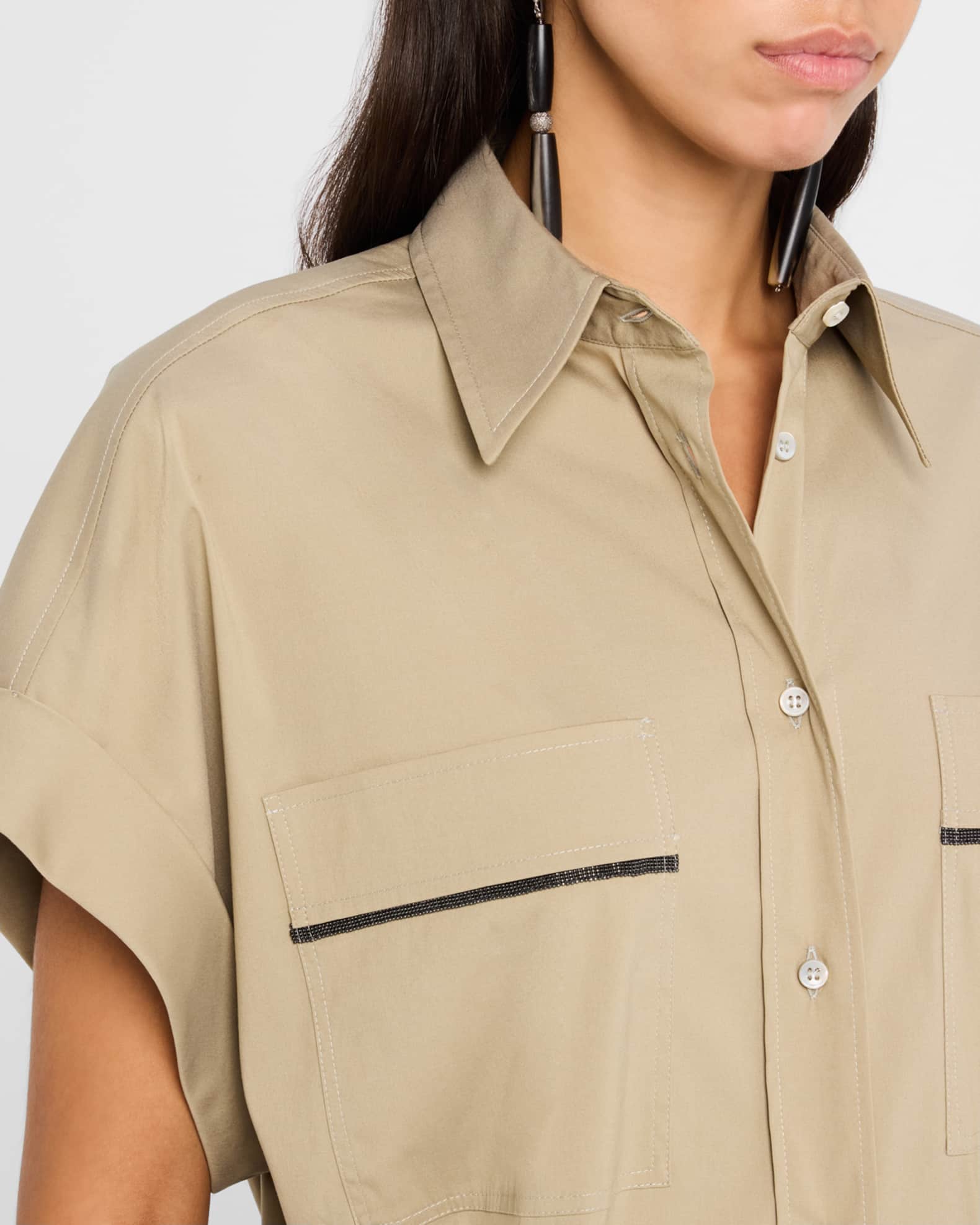 Brunello Cucinelli Monili-Pocket Cap-Sleeve Cotton Poplin