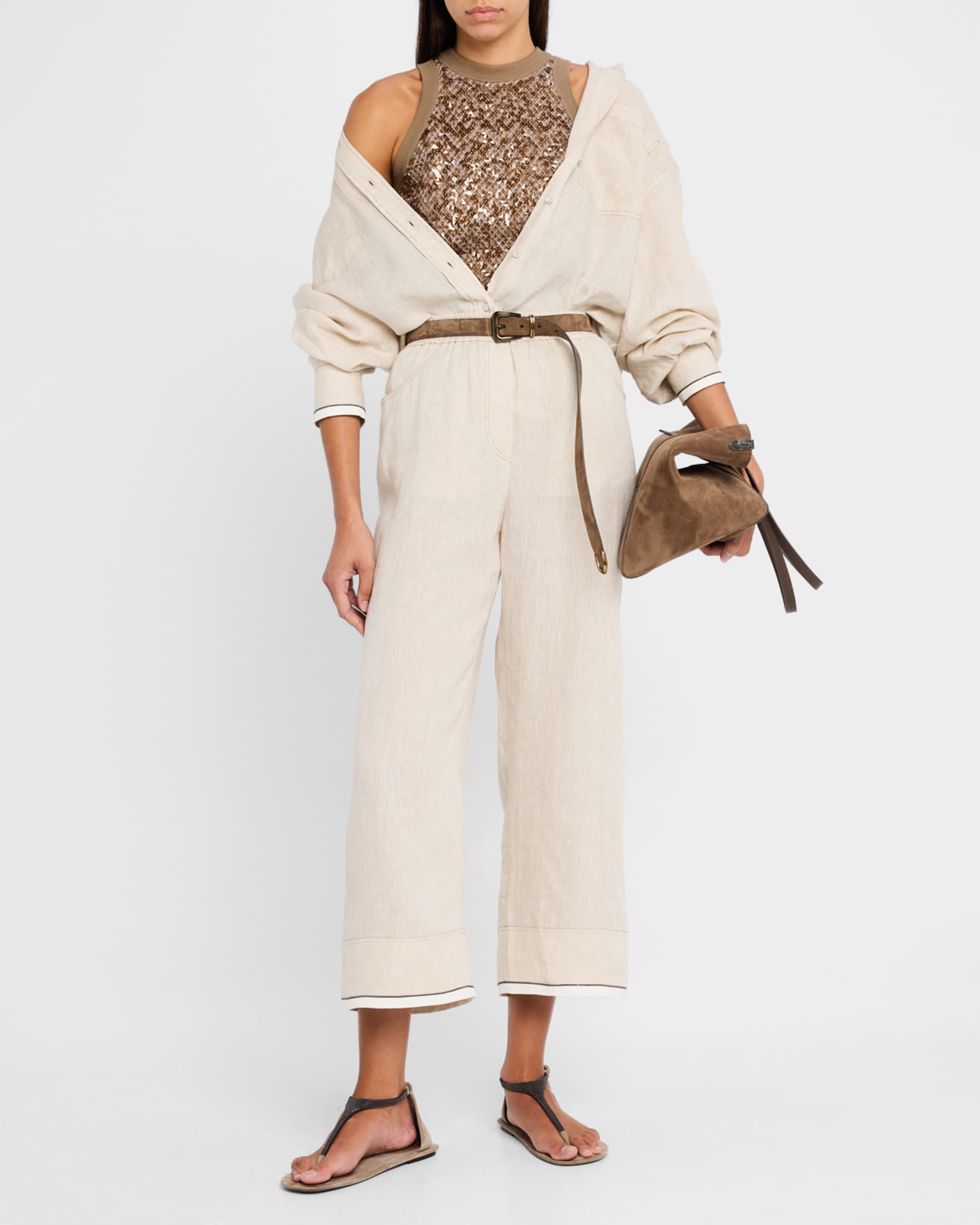 Monili-Trim Linen Wide-Leg Crop Pull-On Pants 1