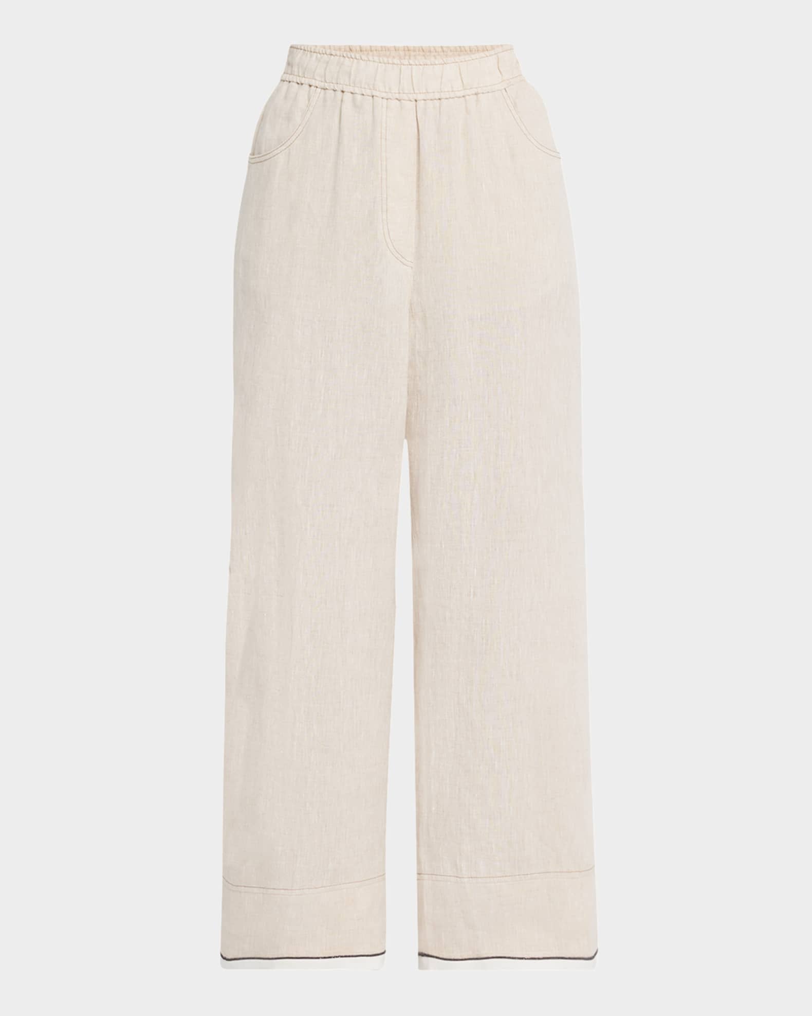 Monili-Trim Linen Wide-Leg Crop Pull-On Pants 0