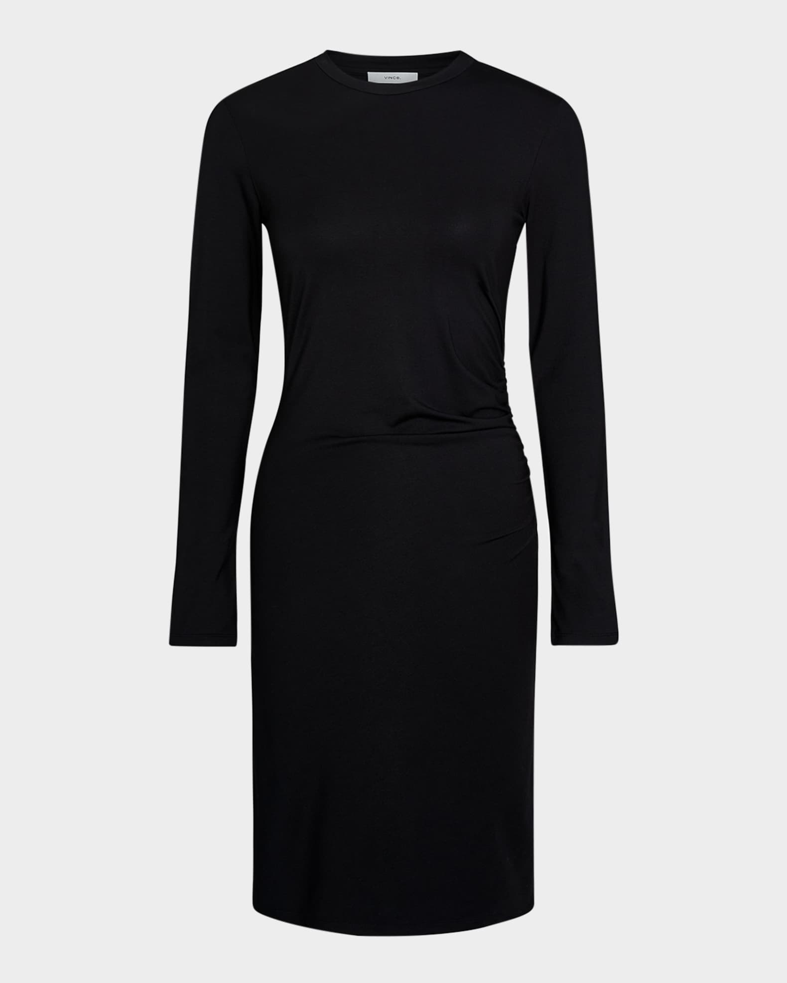 Long-Sleeve Ruched Crewneck Dress 0