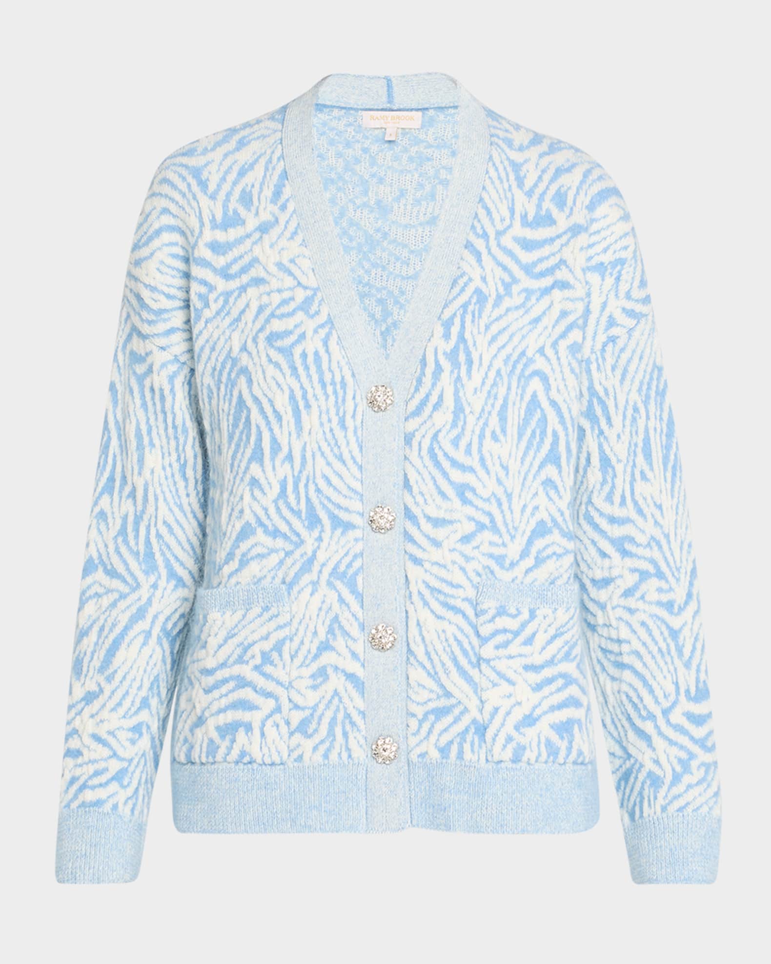 Ramy Brook Jelena V Neck Cardigan Sweater in Blue Animal S