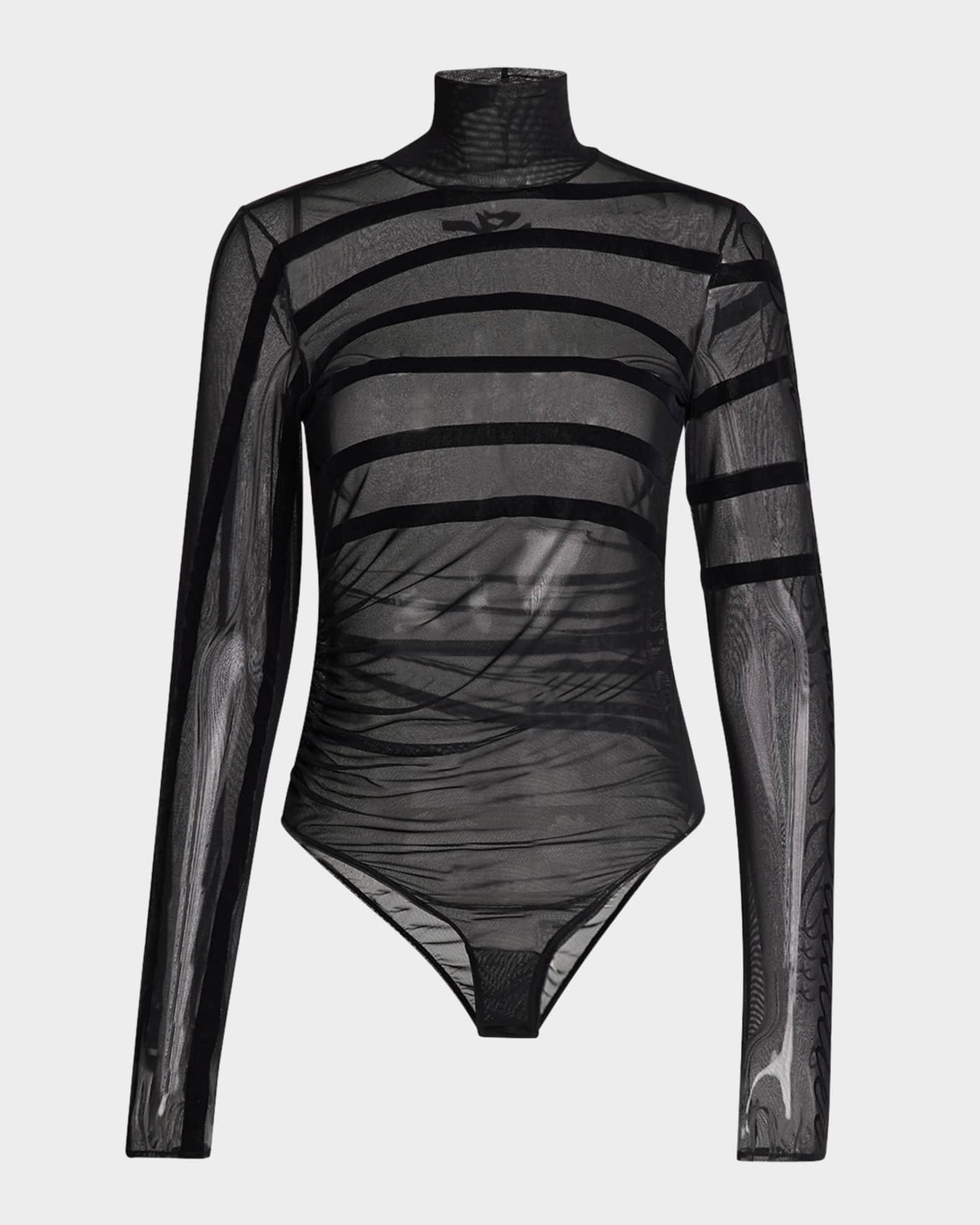 Jean Paul Gaultier Flocked Mariniere Logo Mesh Turtleneck Bodysuit