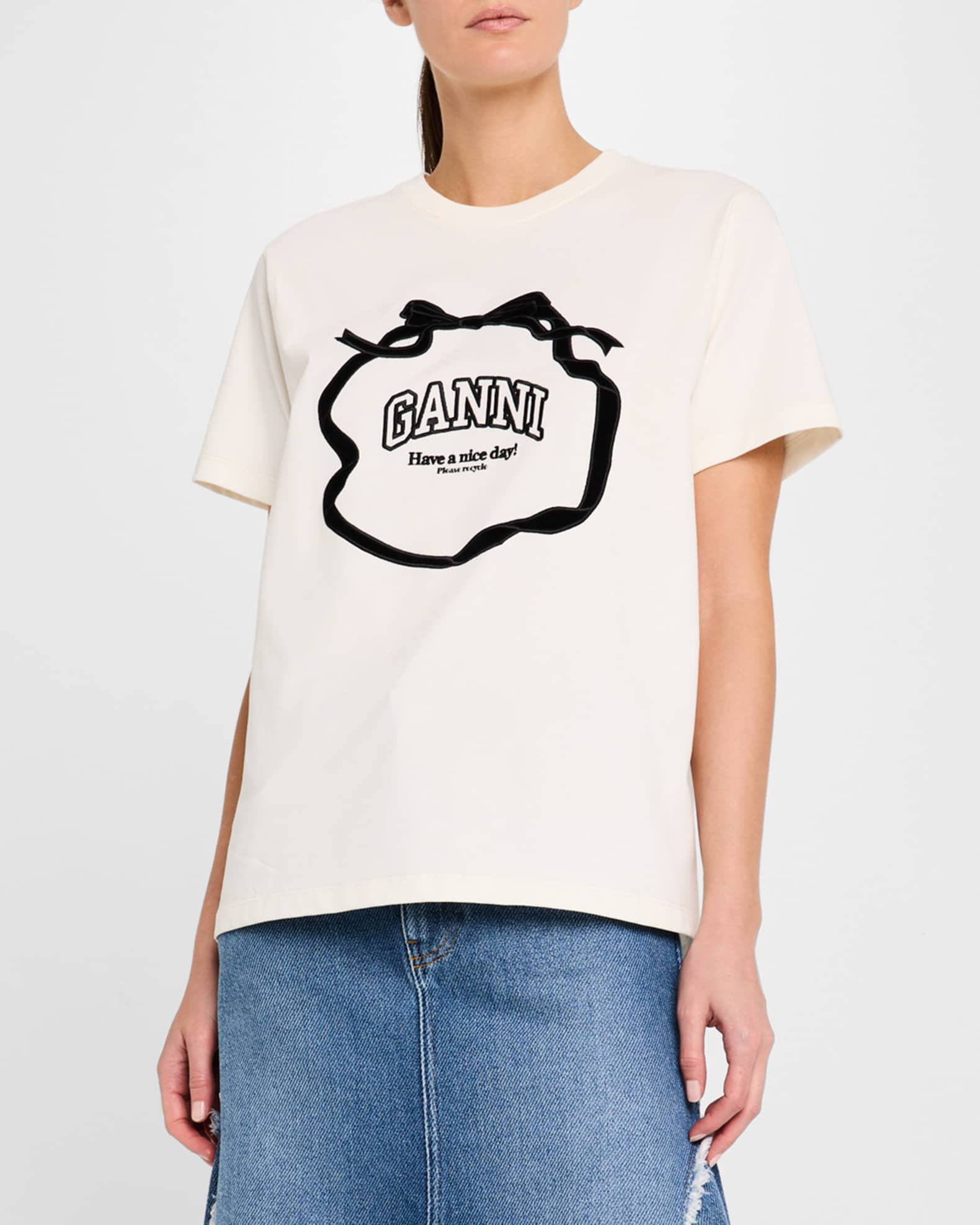 Ganni Heavy Cotton Relaxed Bow T-Shirt | Neiman Marcus