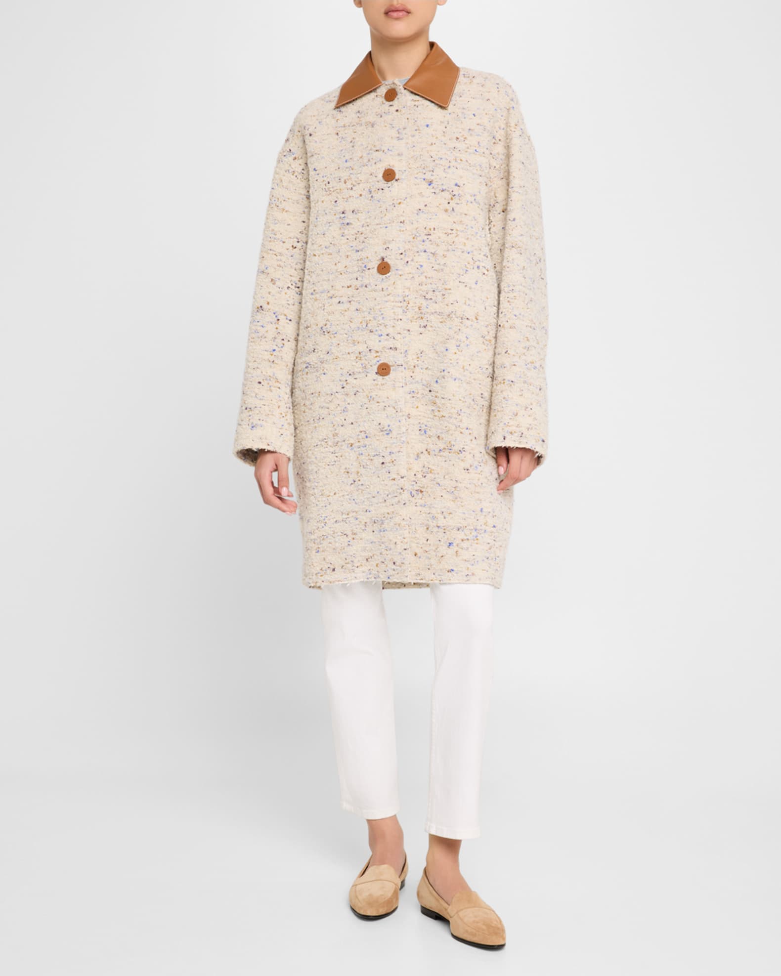 Leather-Collar Boucle Coat - Thumbnail 2