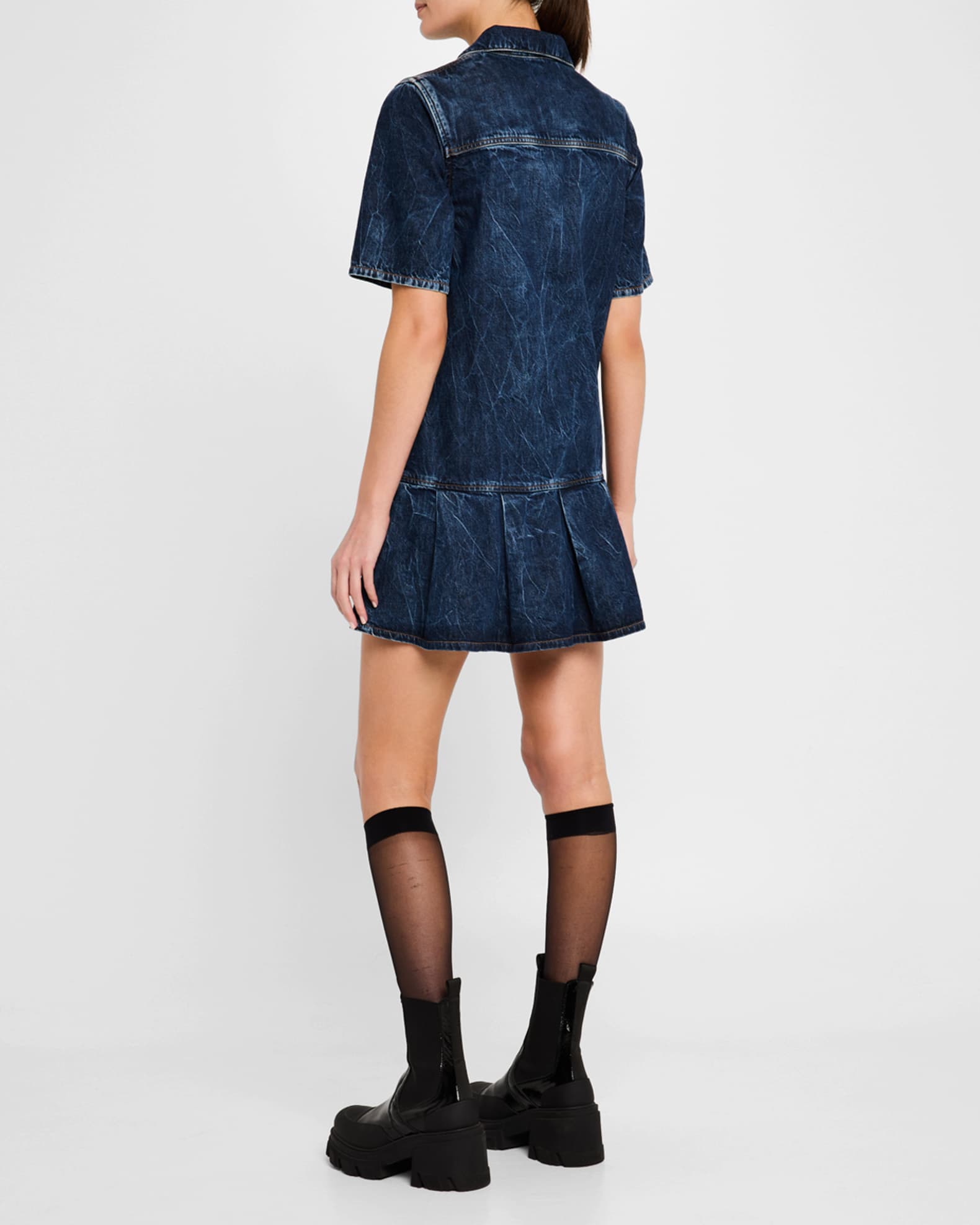 Ganni Short-Sleeve Crinkled Denim Mini Dress | Neiman Marcus