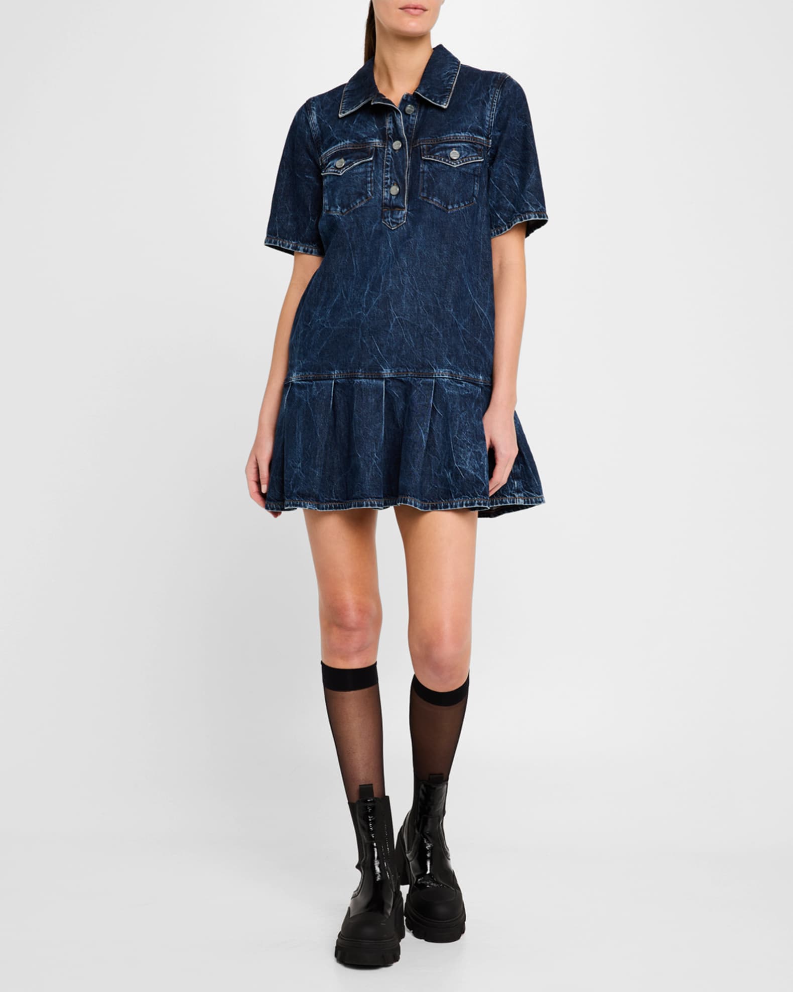 激安通販新作 Ganni Short-Sleeve Crinkled Denim Mini Dress | Neiman Marcus ワンピース