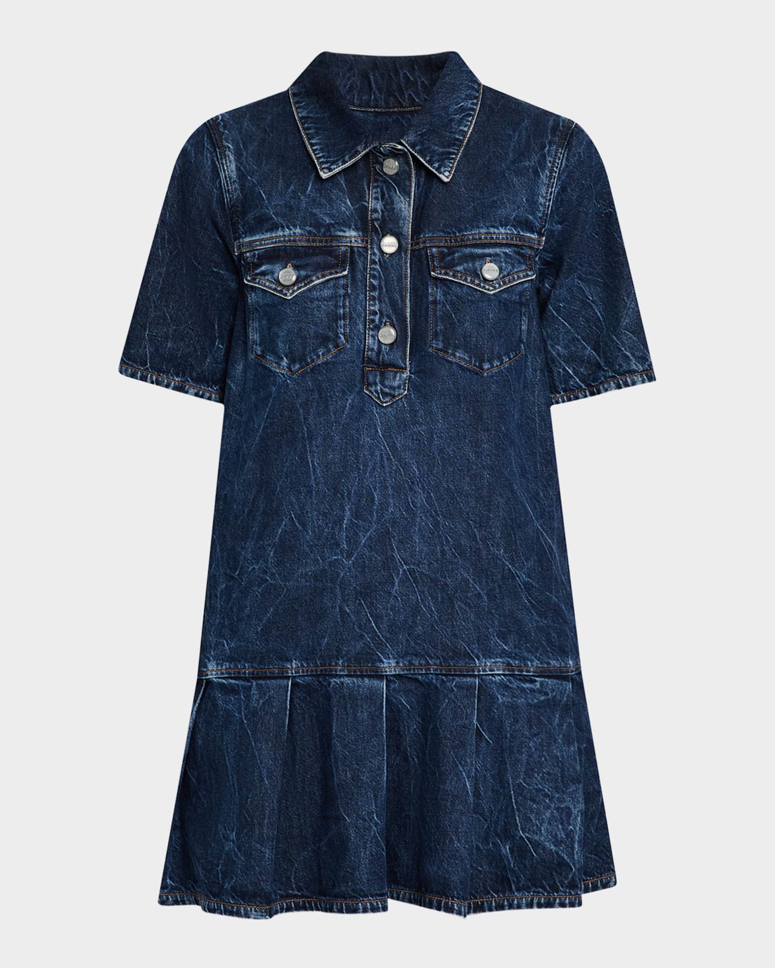 Short-Sleeve Crinkled Denim Mini Dress 0