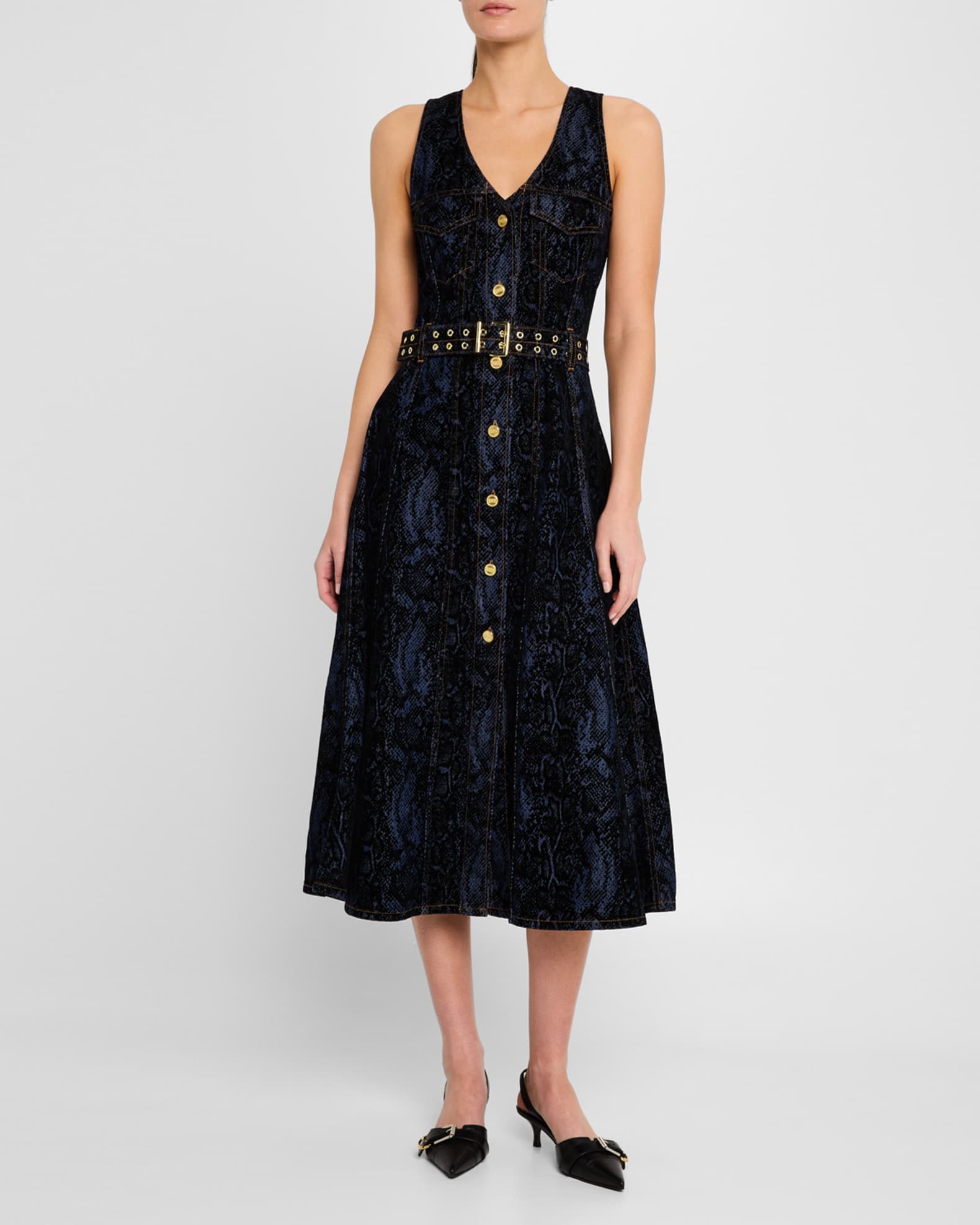 Belted Denim Snakeskin Midi Dress 1