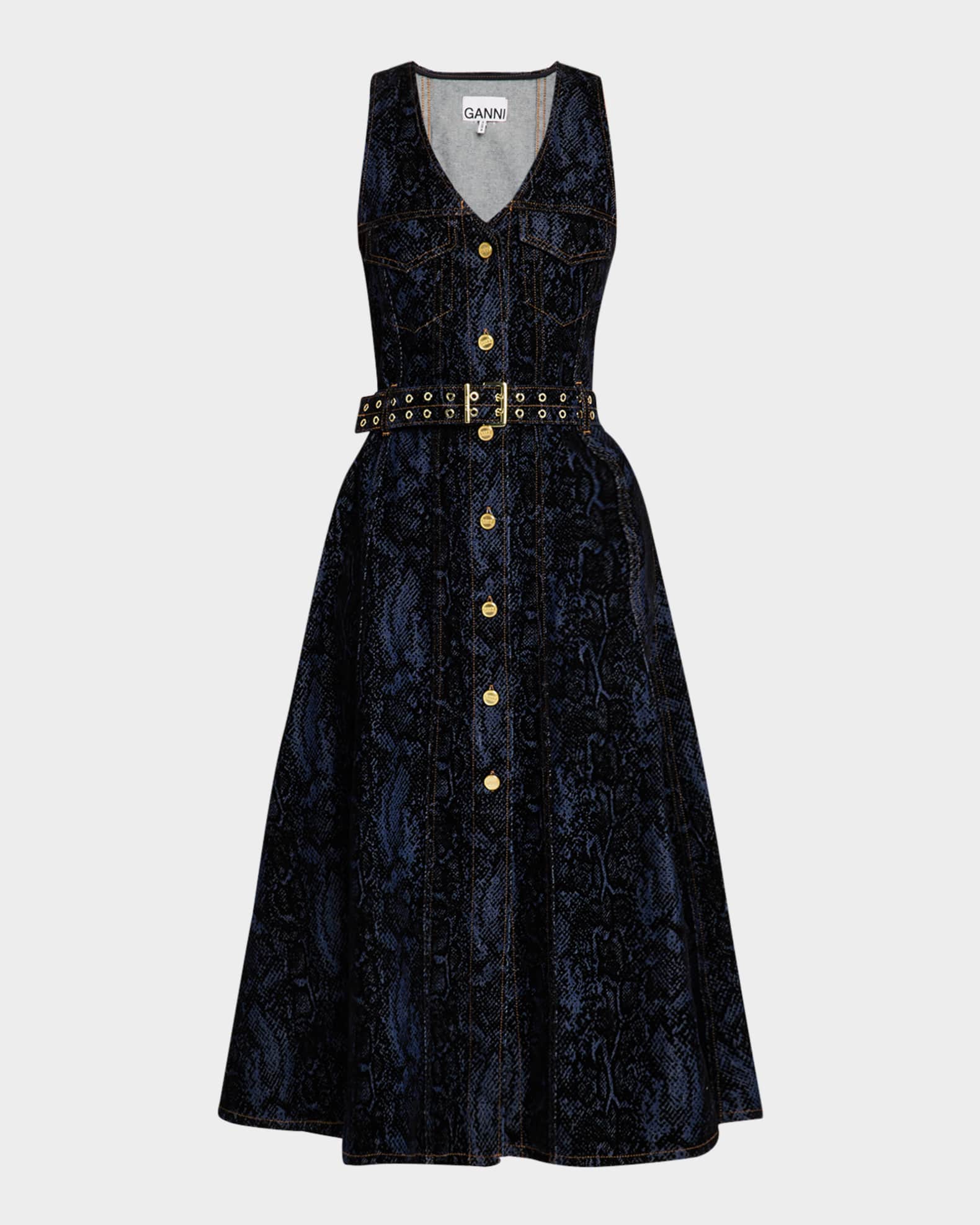 Belted Denim Snakeskin Midi Dress 0