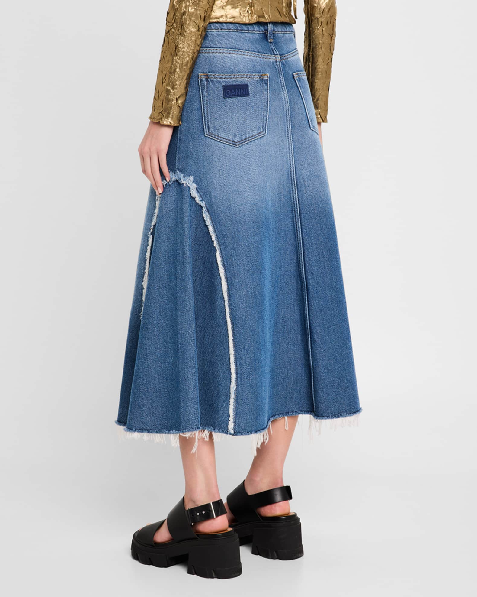 Ganni A-Line Denim Midi Skirt | Neiman Marcus