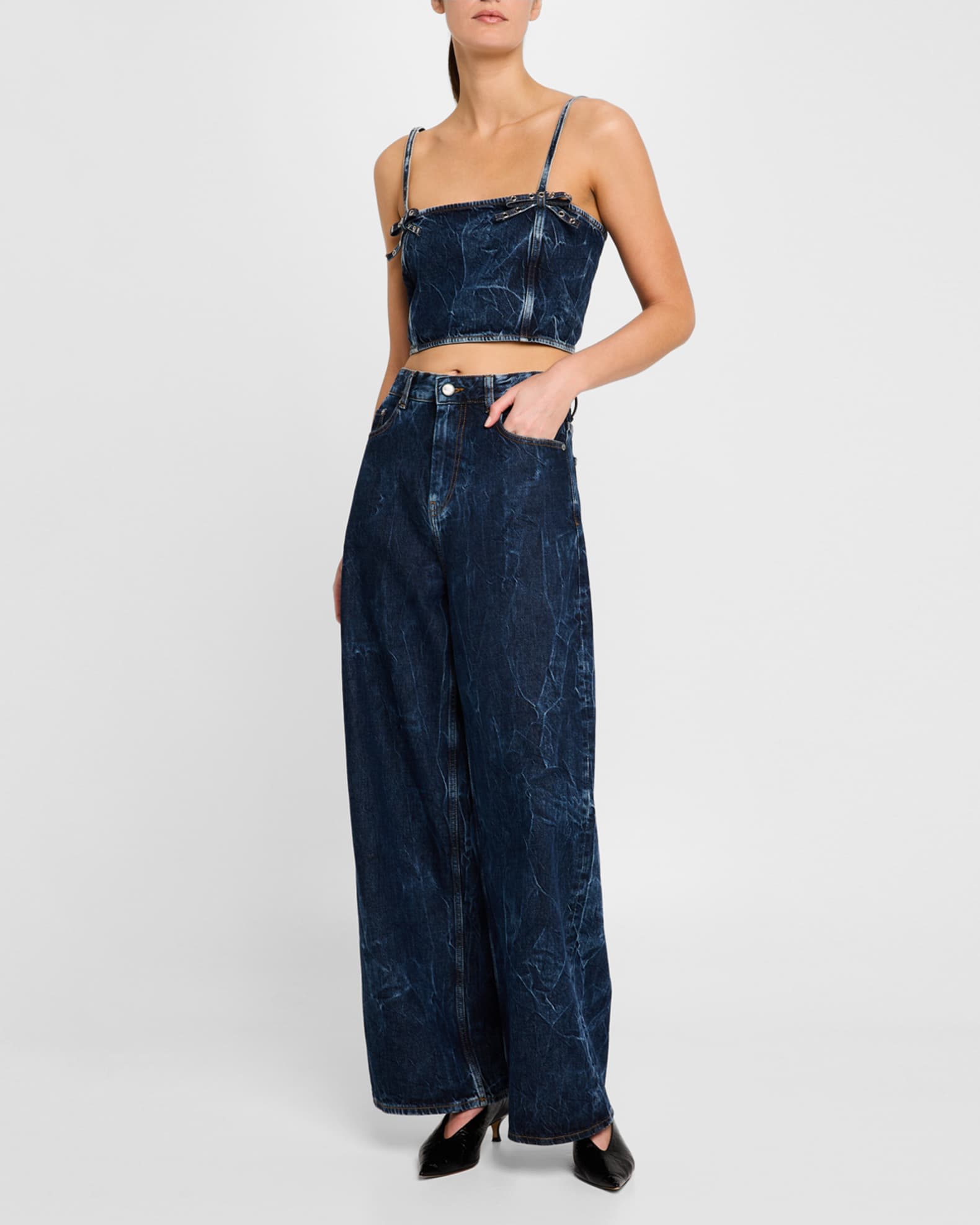 Crinkled Denim Bow Strap Top 1