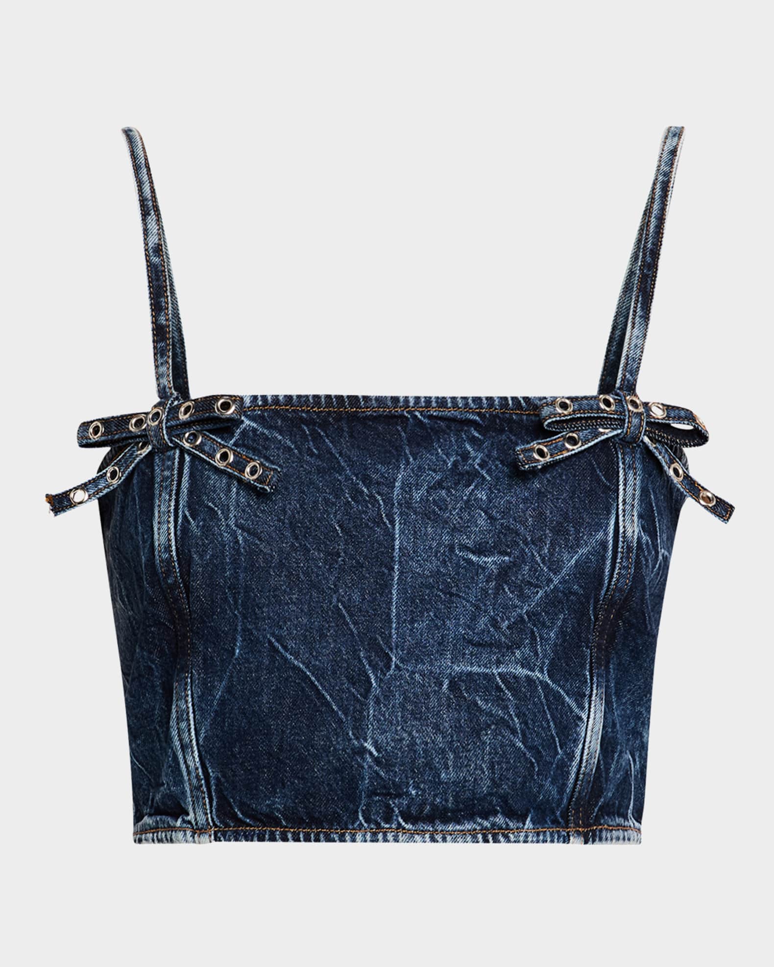Crinkled Denim Bow Strap Top 0