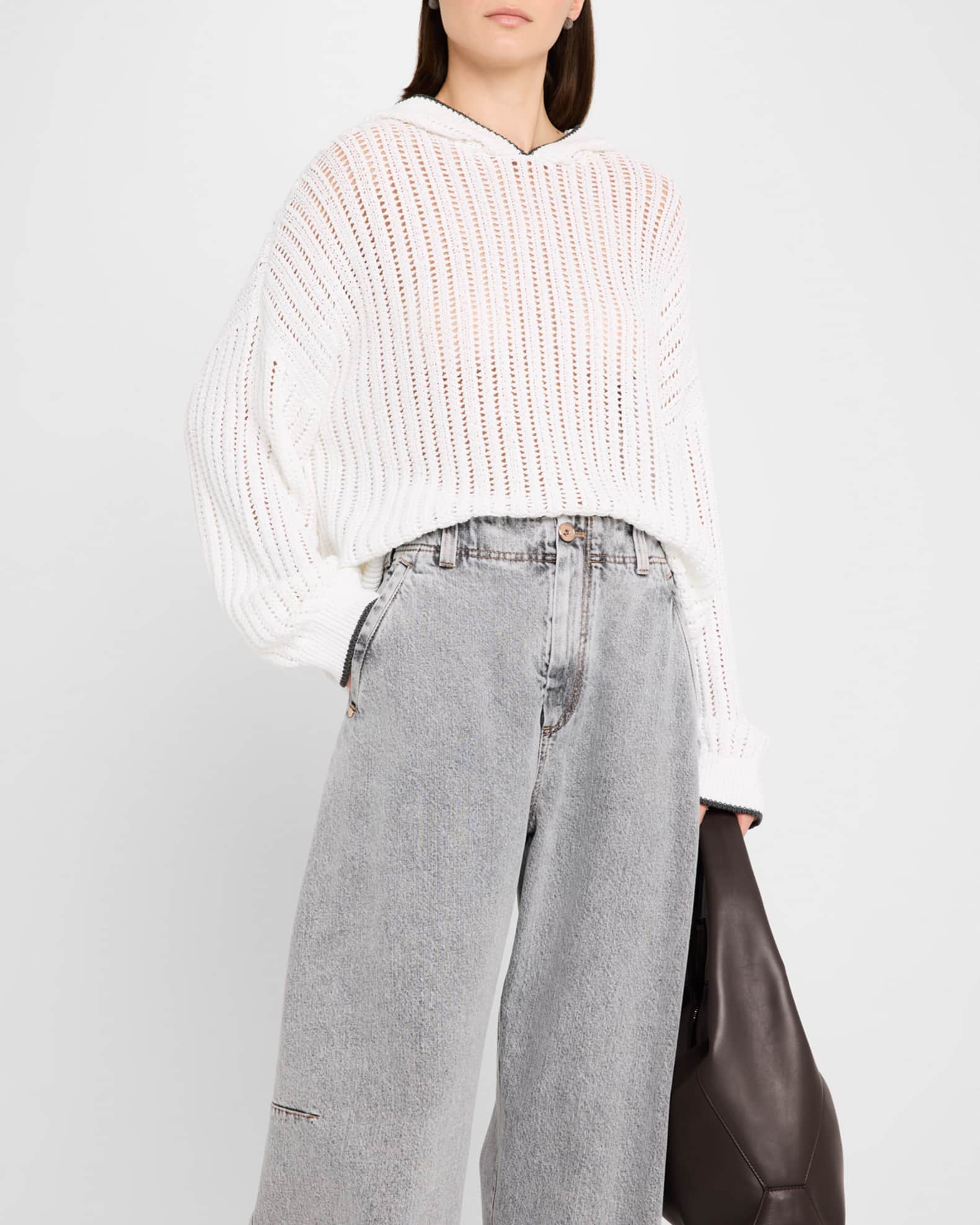 Tipped Edge Lattice Open Weave Knit Hoodie