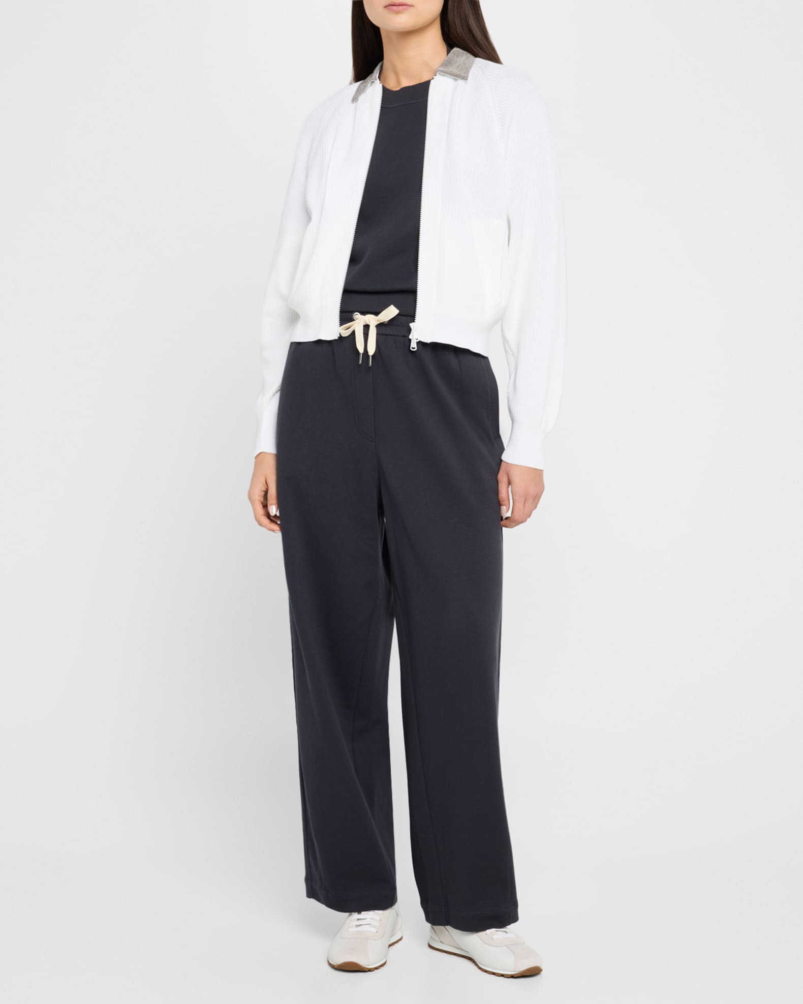 Monili-Collar Zip Cotton Rib Cardigan - Thumbnail 2