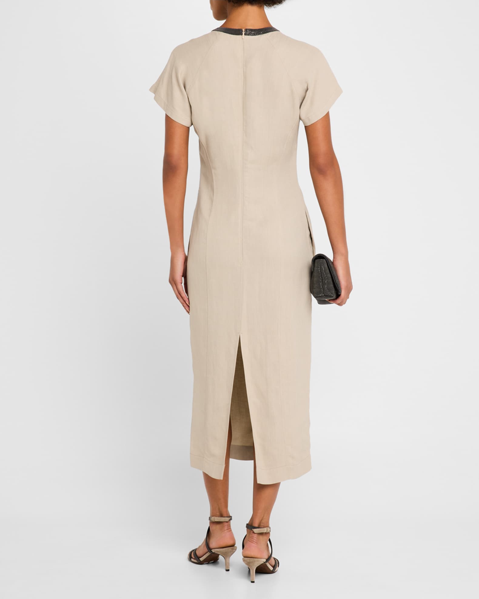 Brunello Cucinelli Monili Collar Linen Midi Dress | Neiman
