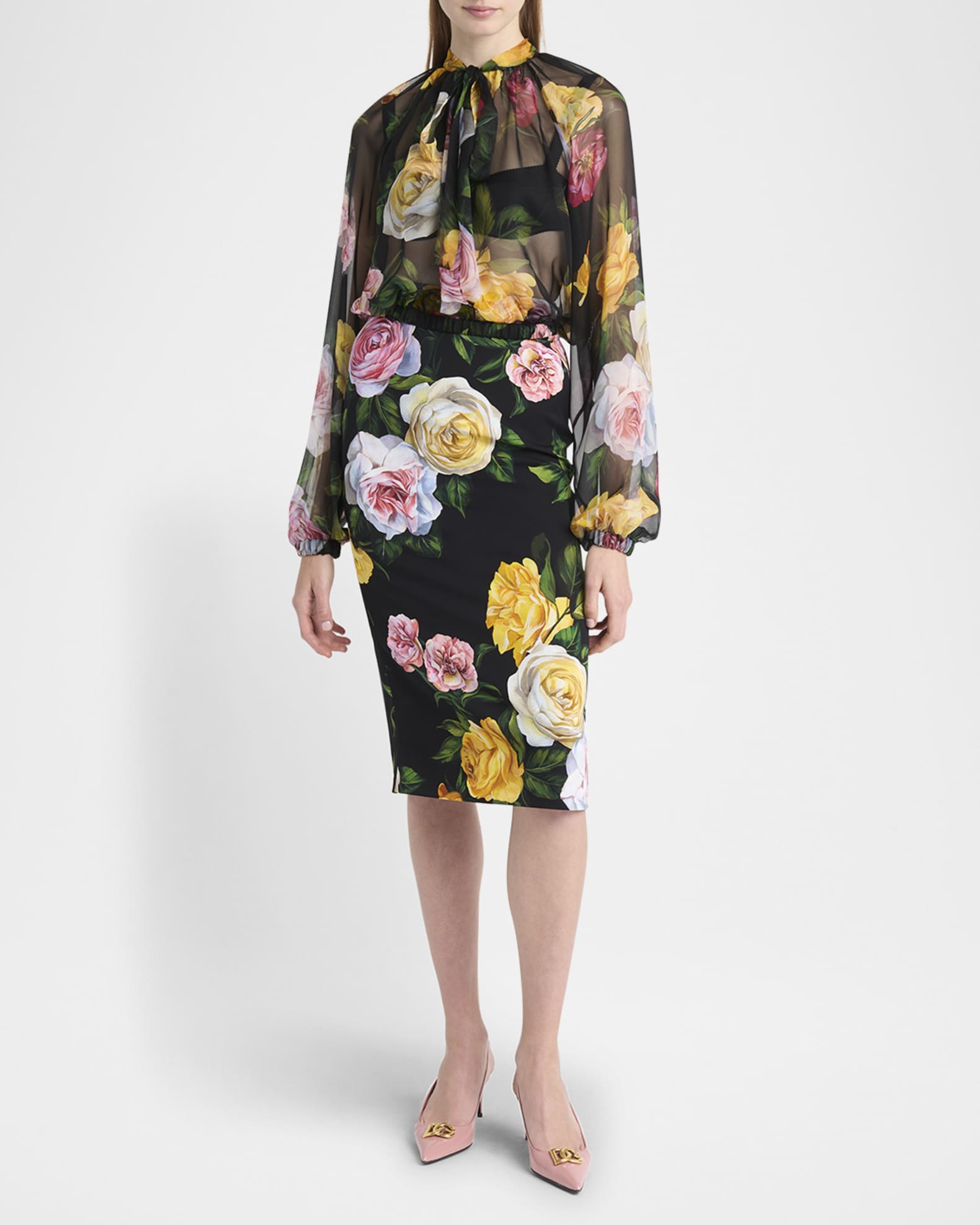 Rose Tie-Neck Chiffon Cropped Blouse 1