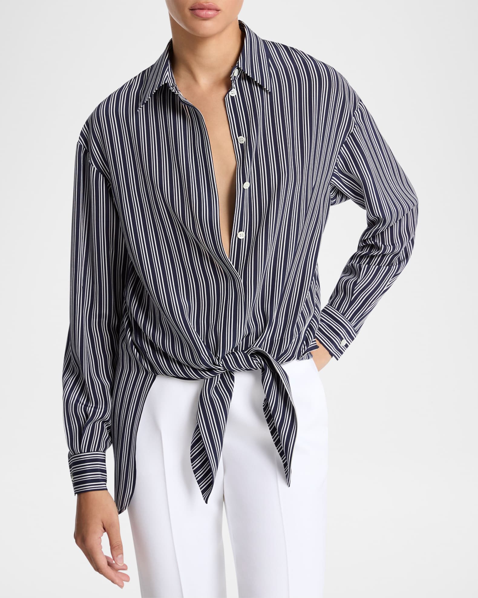 【I AM MARI】25SS★ Canela Stripe Collar Shirt OP (Belt Set) Michael Kors Collection Tie-Front Capri Striped Cree De