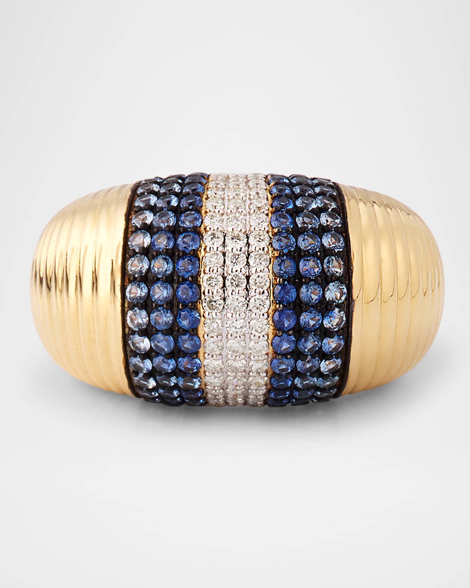 14K Yellow Gold Scallop Diamond and Sapphire Statement Ring, Size 7 0