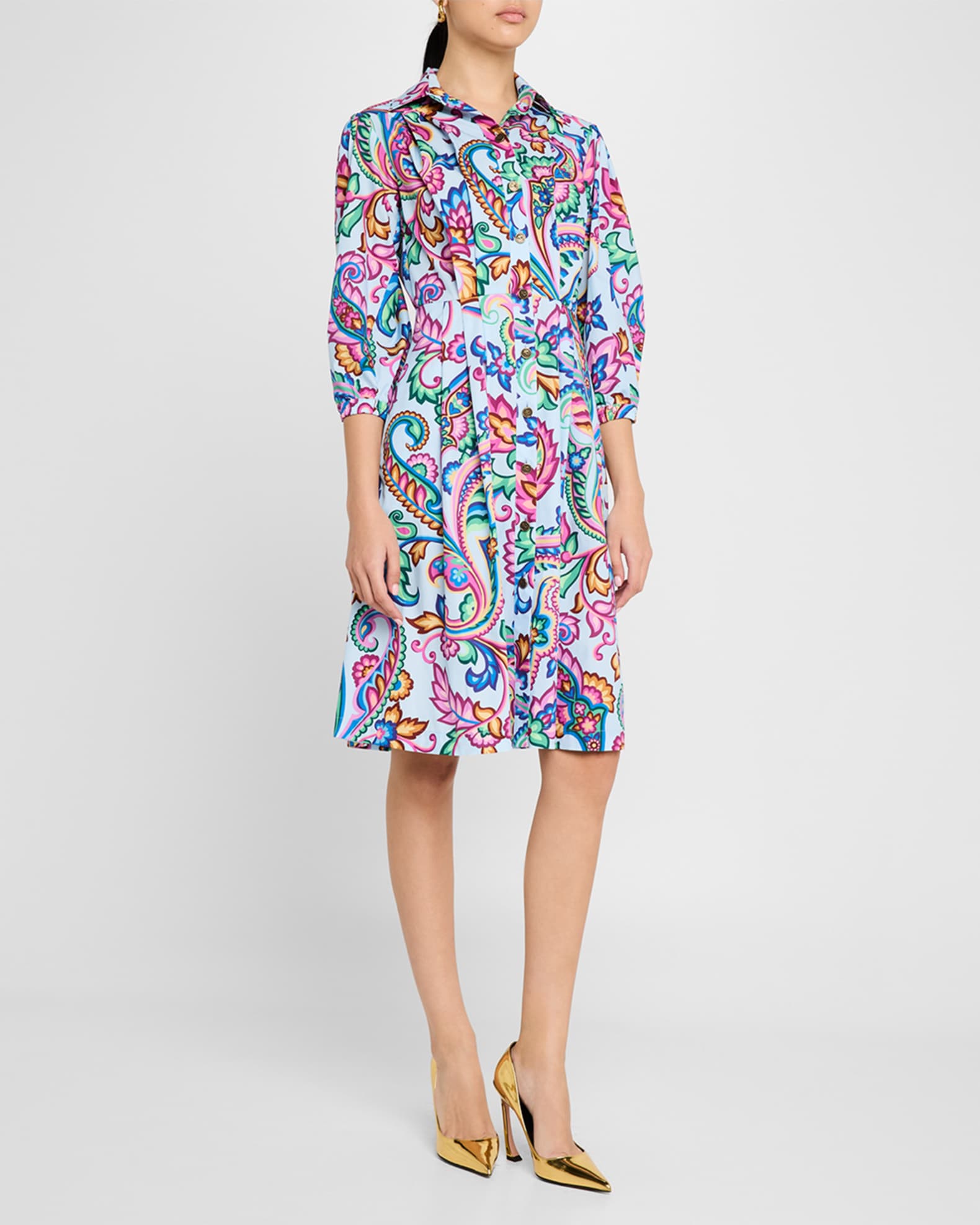 Garden Paisley Puff-Sleeve Pleated Shirtdress 1