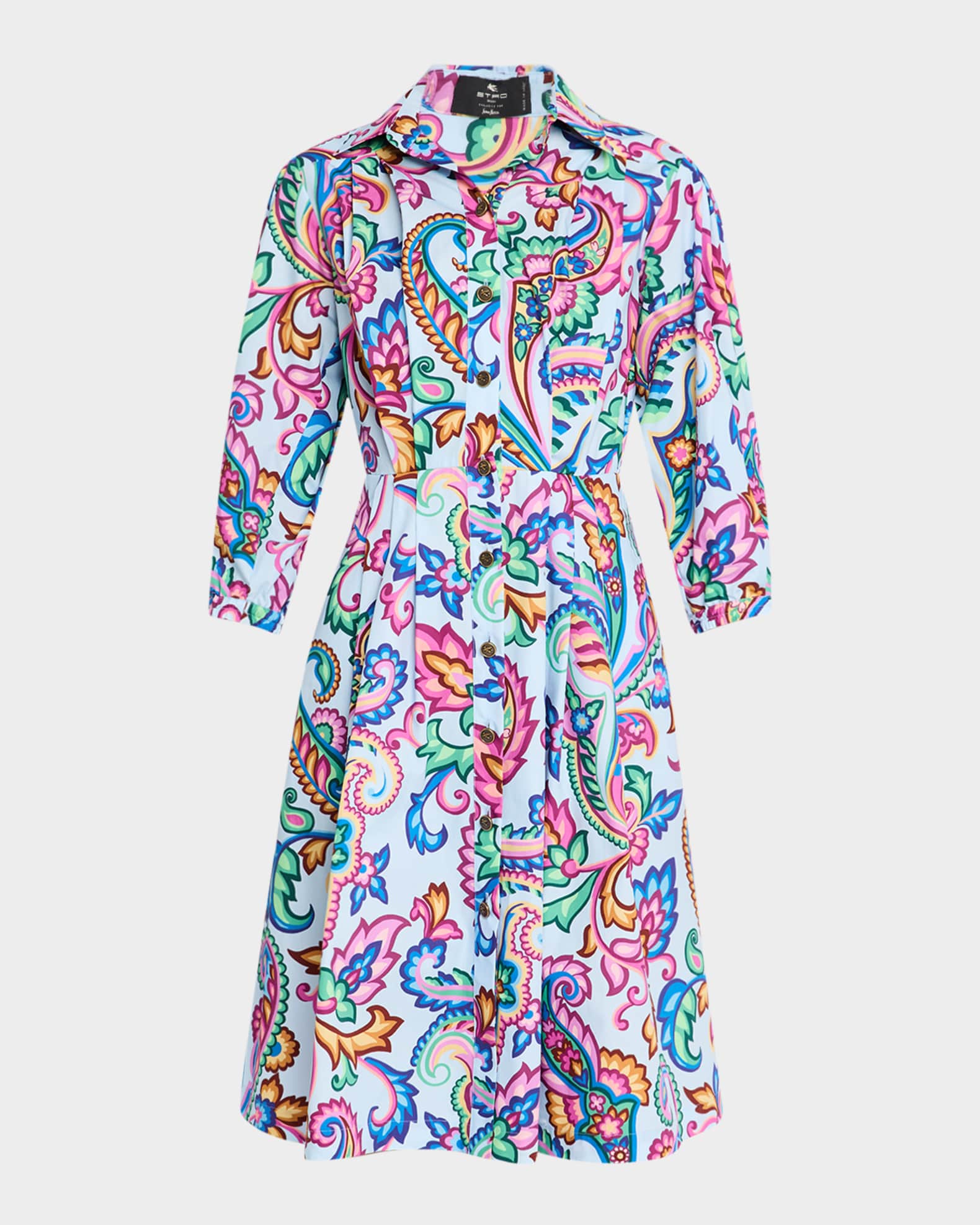 Garden Paisley Puff-Sleeve Pleated Shirtdress 0