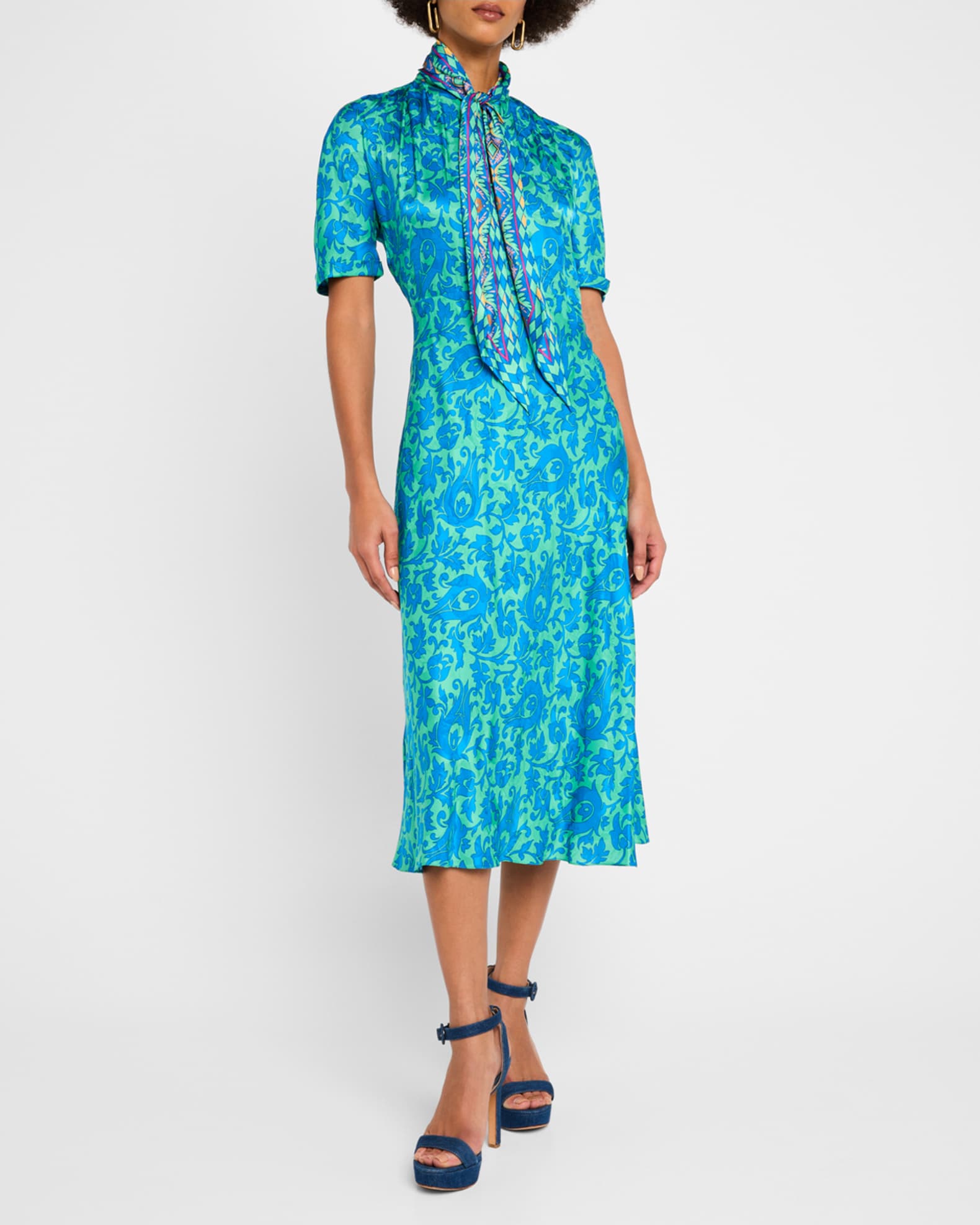 Tile-Print Neck-Tie Silk Midi Dress 1