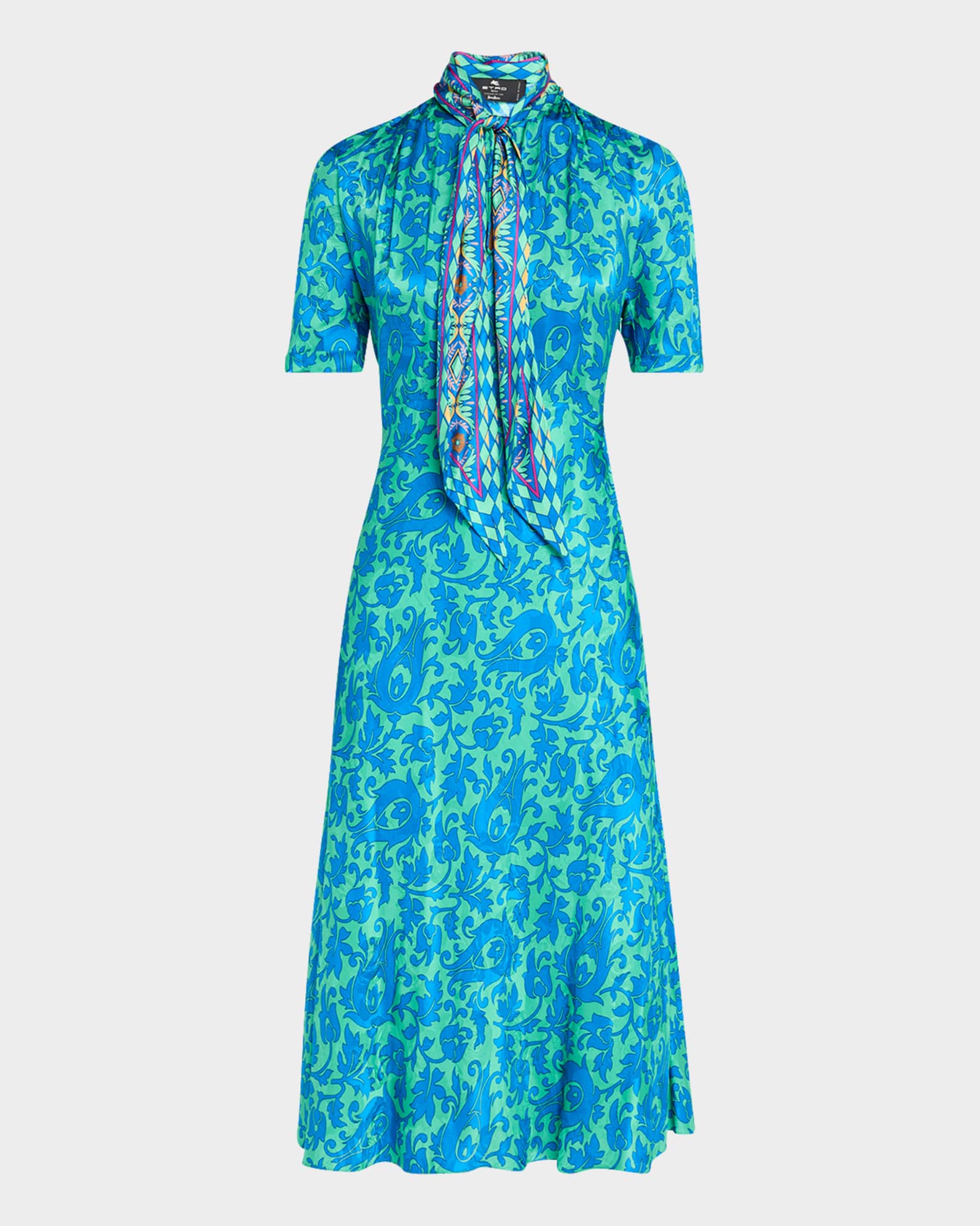 Etro Tile Print Neck Tie Silk Midi Dress Neiman Marcus