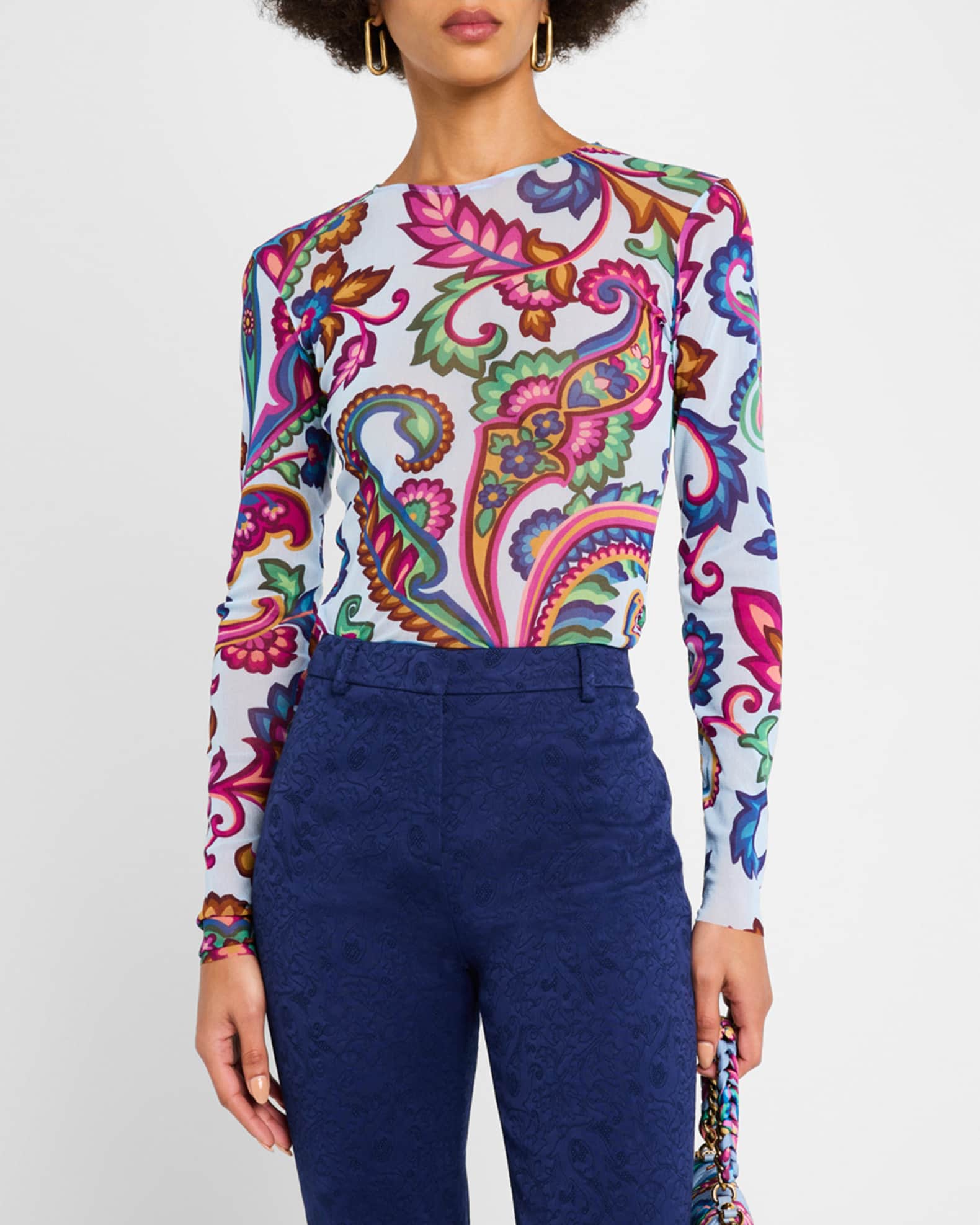 Etro Garden Paisley Mesh Long-Sleeve Top | Neiman Marcus