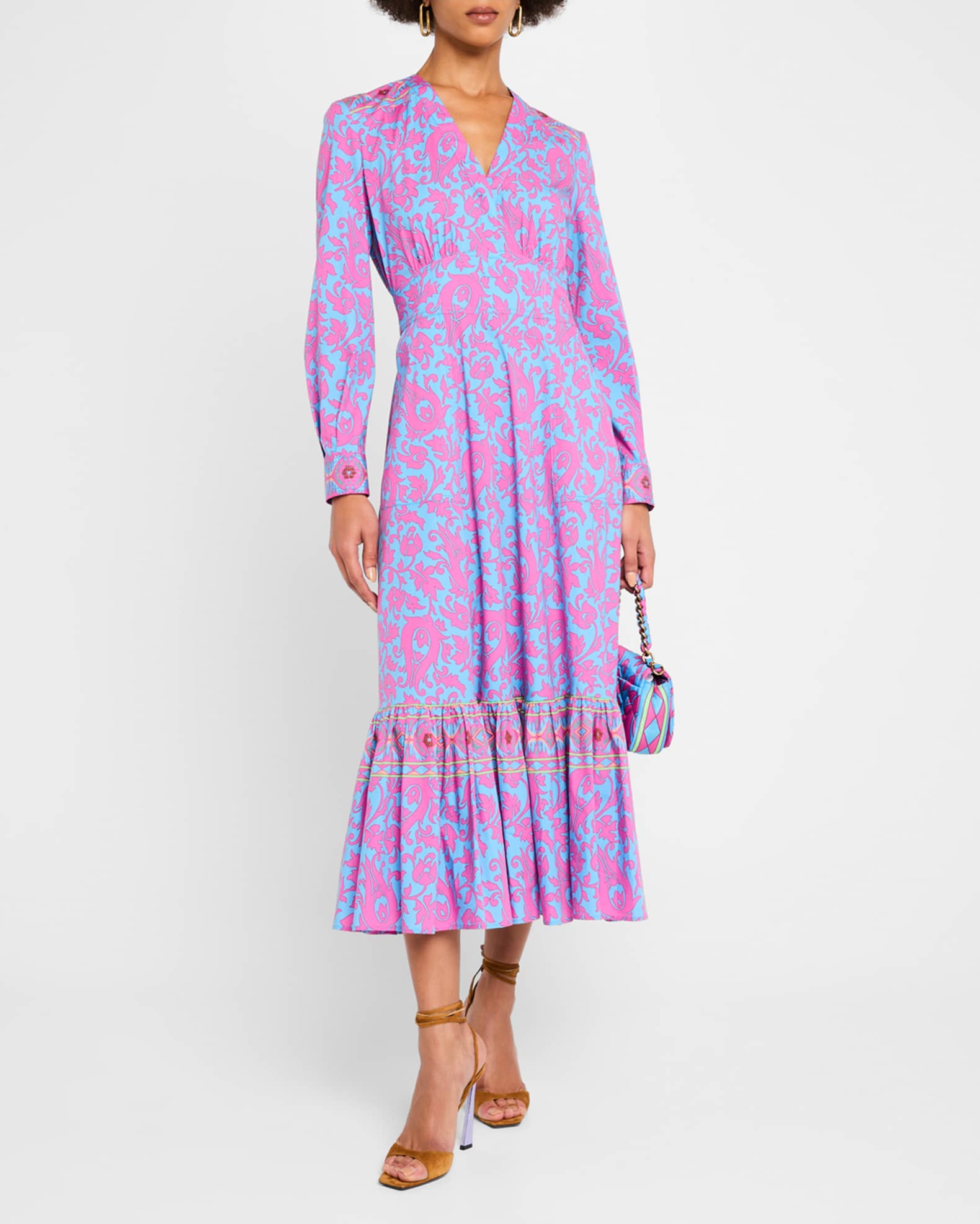 Trellis-Print Long-Sleeve Flounce Cotton Midi Dress 1