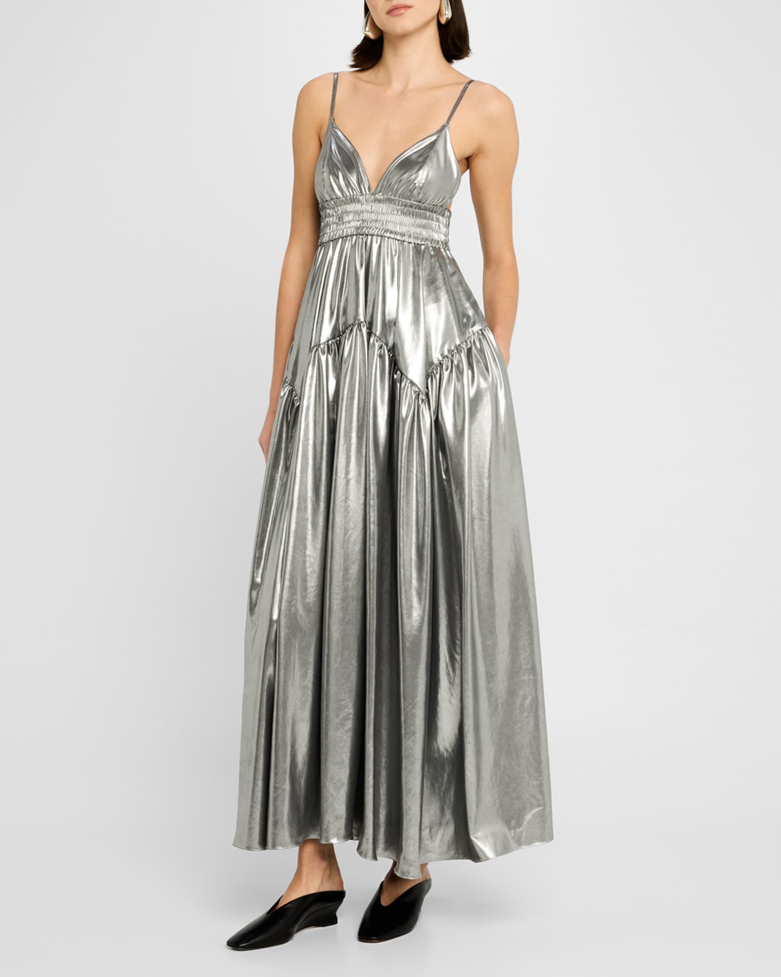 Metallic Gathered Peplum Maxi Camisole Dress 1