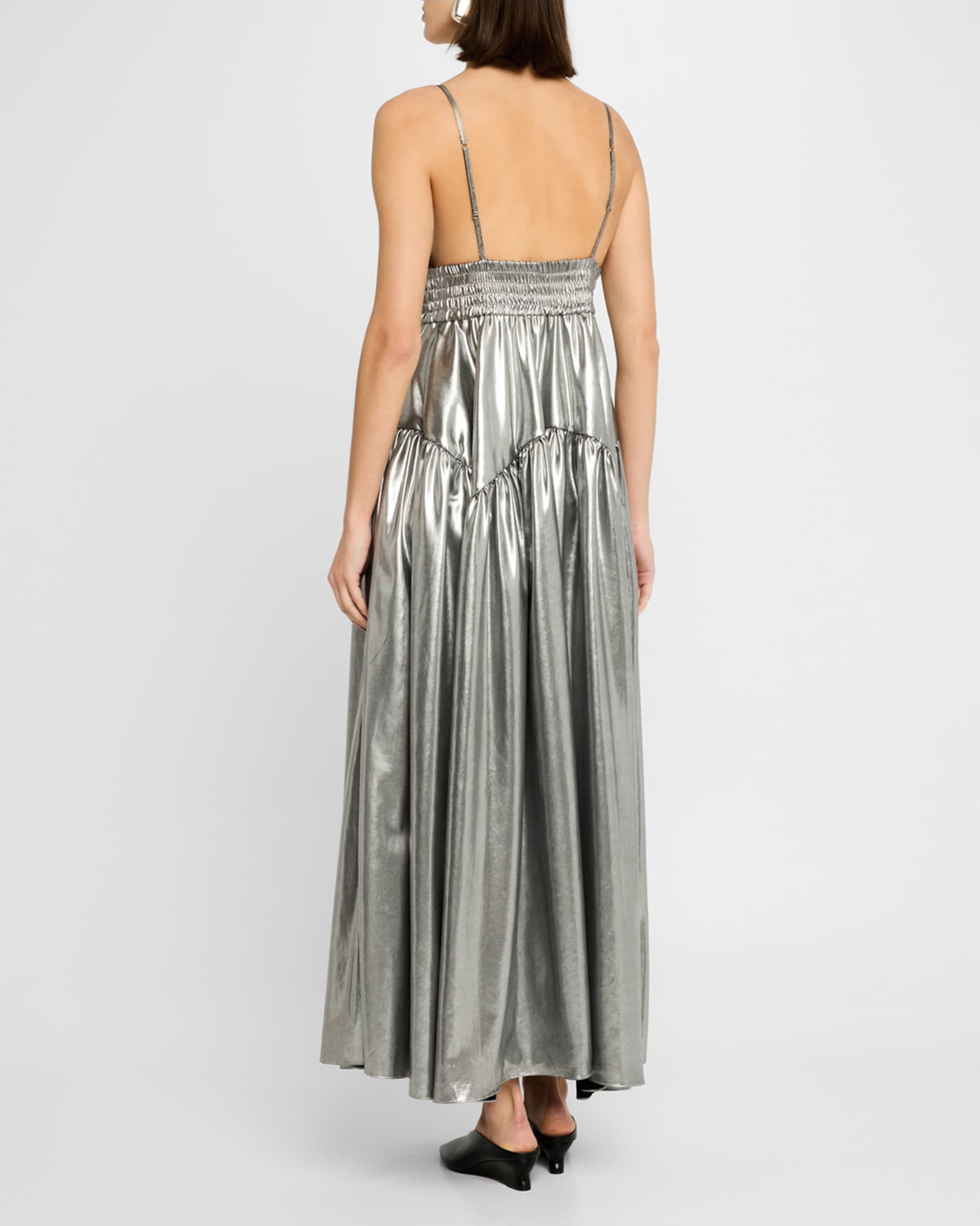 Metallic Gathered Peplum Maxi Camisole Dress