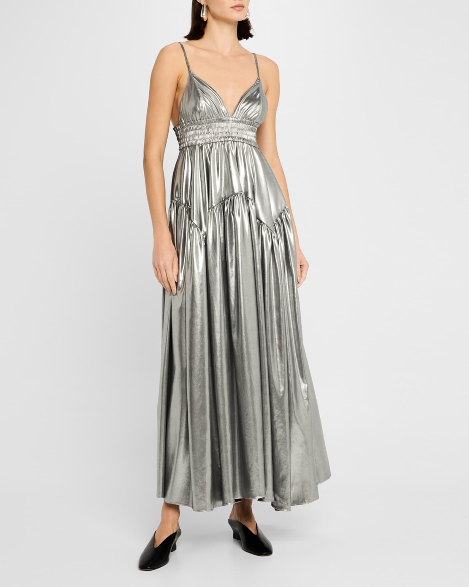Metallic Gathered Peplum Maxi Camisole Dress