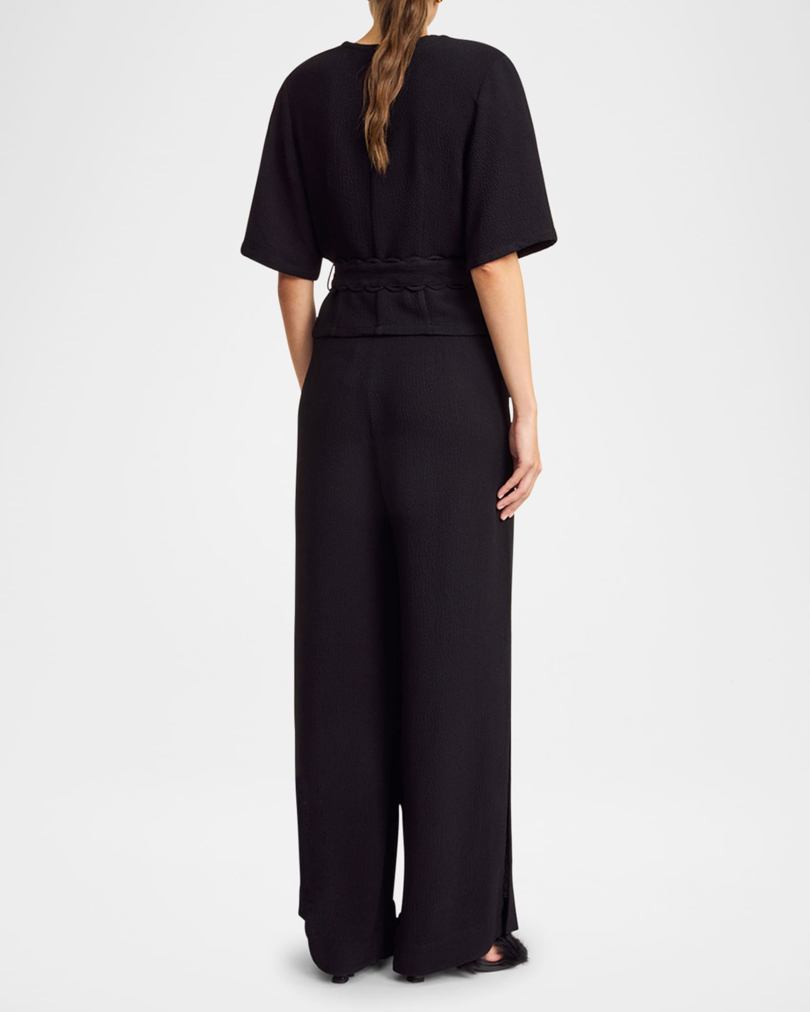 Ullas Elbow-Sleeve Belted Crepe Blouse 1