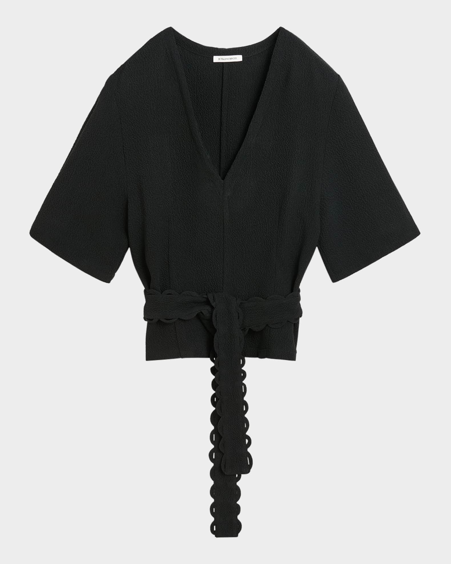 Ullas Elbow-Sleeve Belted Crepe Blouse 0