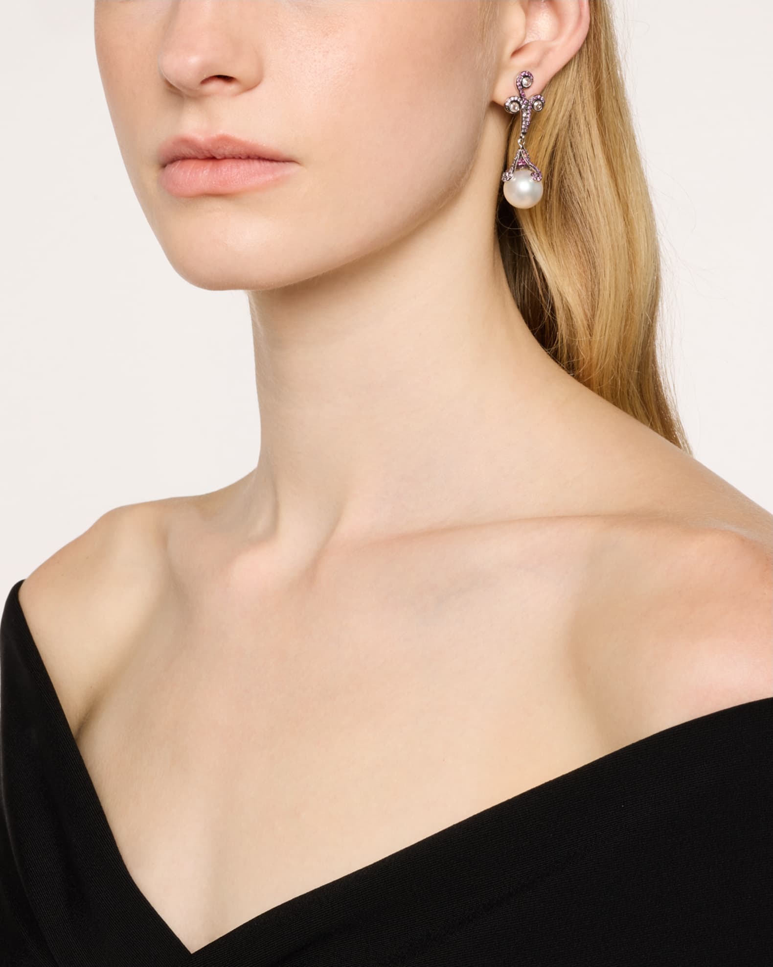 18K White Gold 13mm South Side Pearl, Pink Sapphire, and Diamond Drop Earrings  1