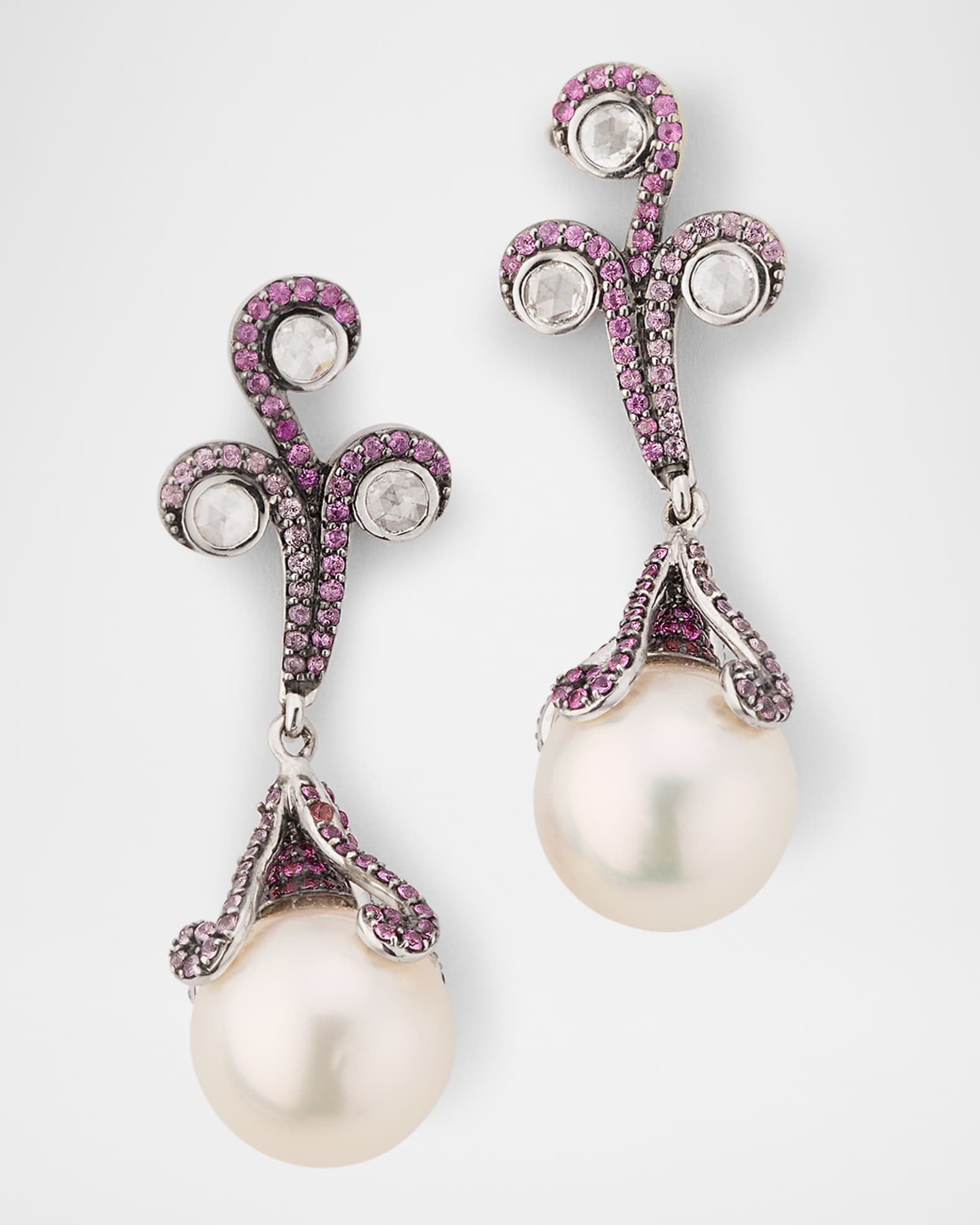 18K White Gold 13mm South Side Pearl, Pink Sapphire, and Diamond Drop Earrings  0
