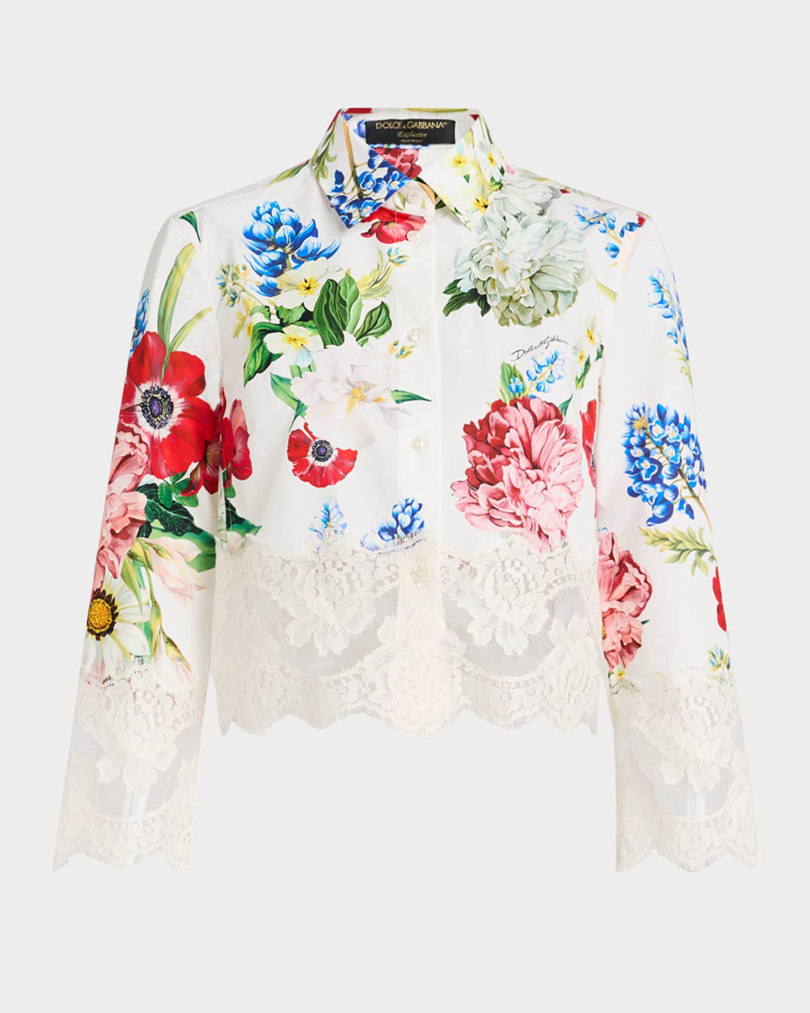 Dolce&Gabbana Lace-Trim Floral Crop Button-Down Shirt Dolce&Gabbana Lace-Trim Floral Crop Button-Down Shirt