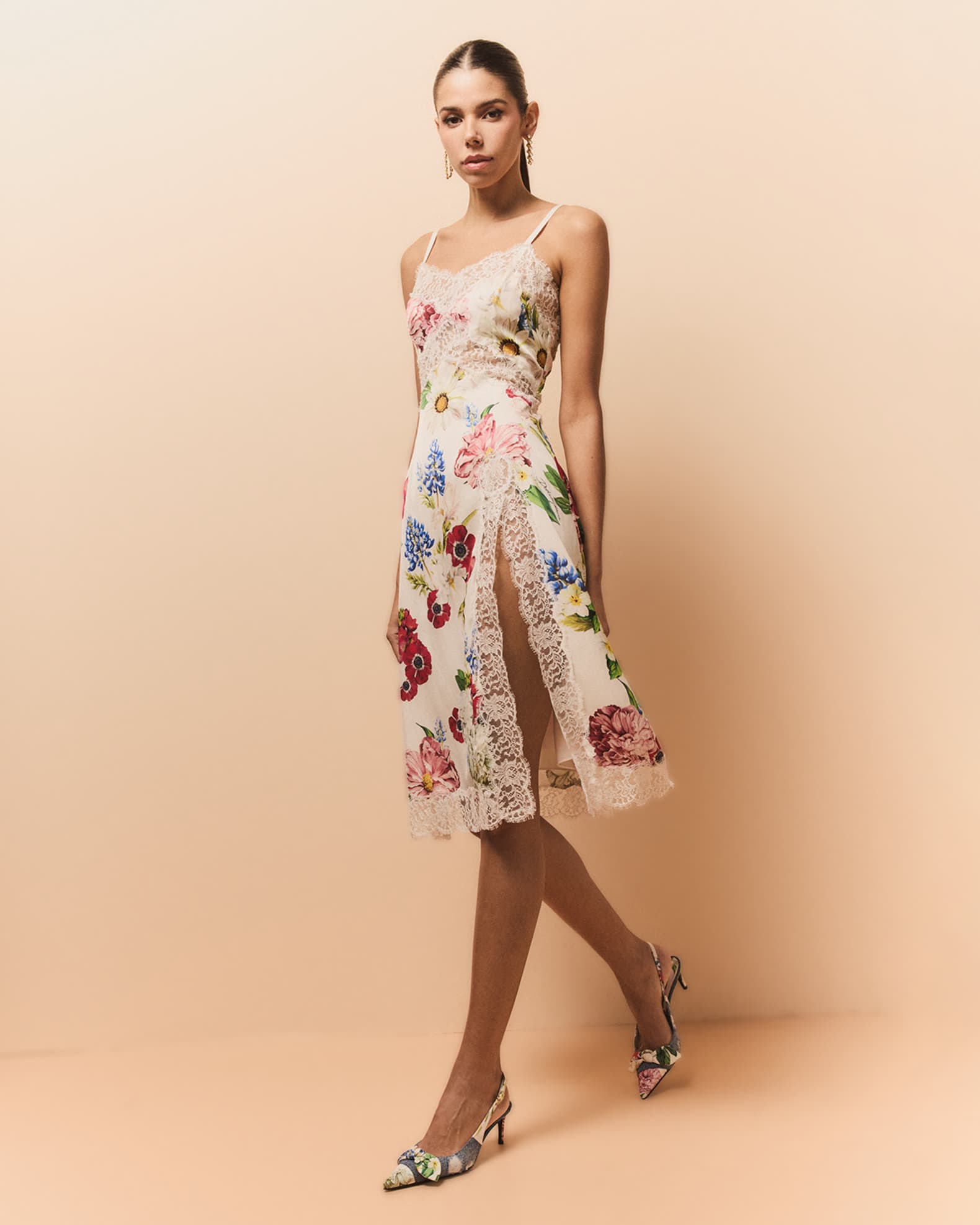 Dolce&Gabbana Floral Lace-Trim Slit Midi Slip Dress | Neiman