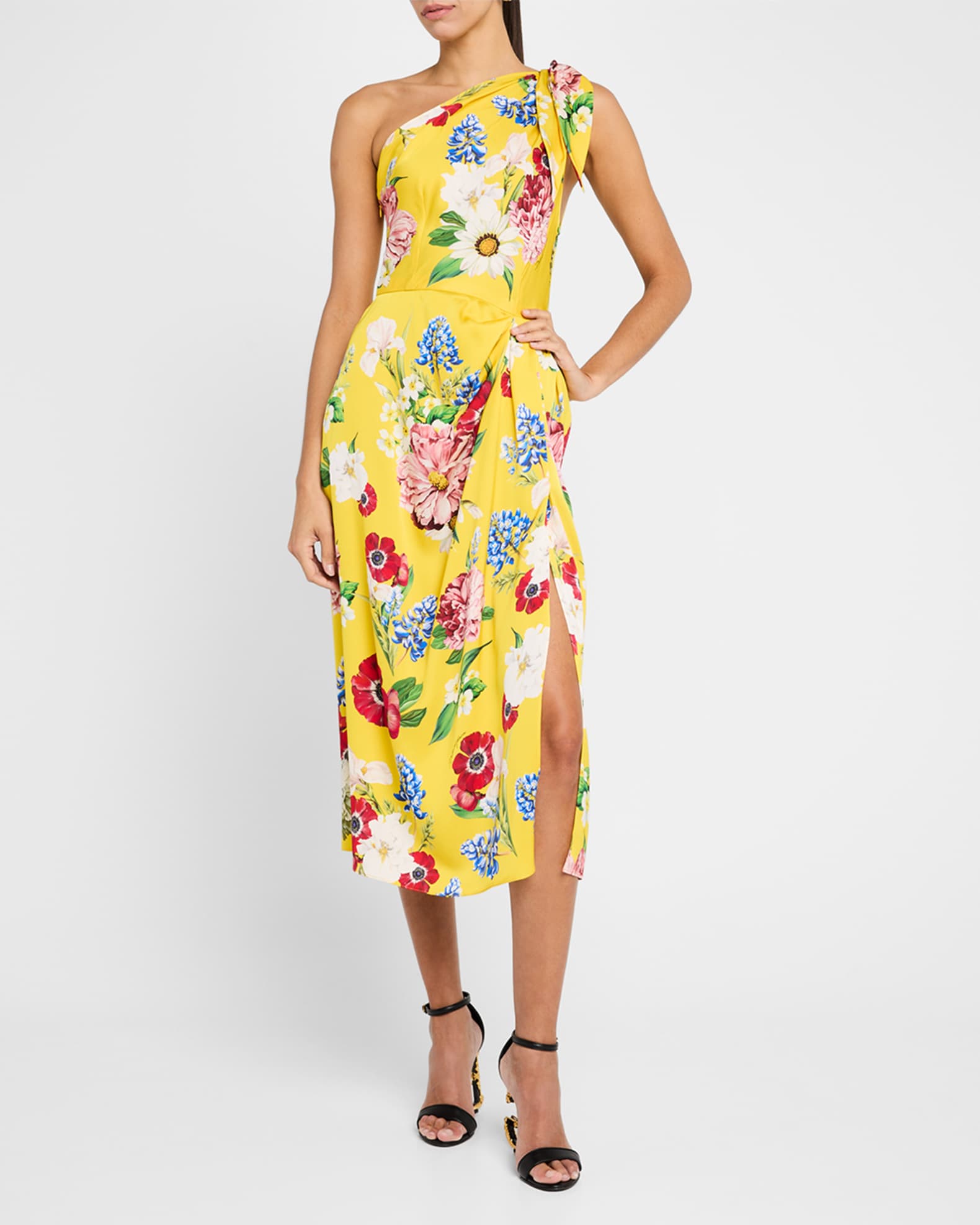 Floral Tie One-Shoulder Charmeuse Midi Dress 1