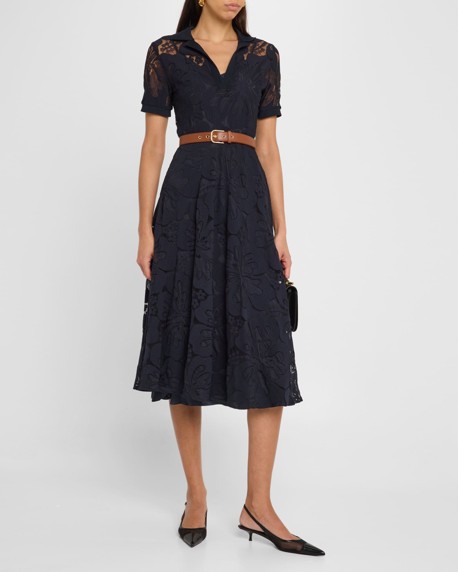 Max Mara Studio Lambro Belted Floral Lace Midi Dress