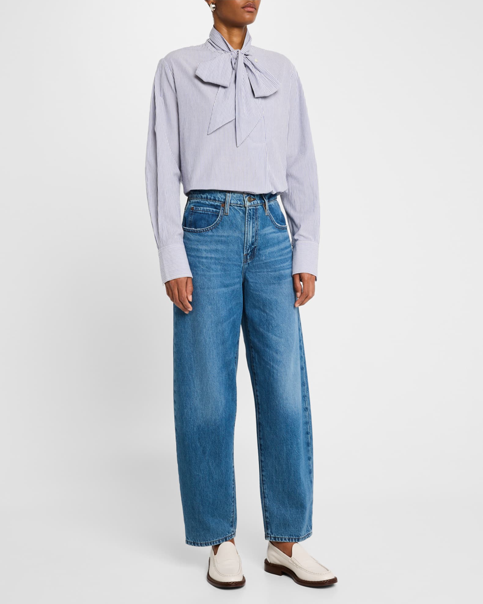 Striped Tie-Neck Cotton Blouse