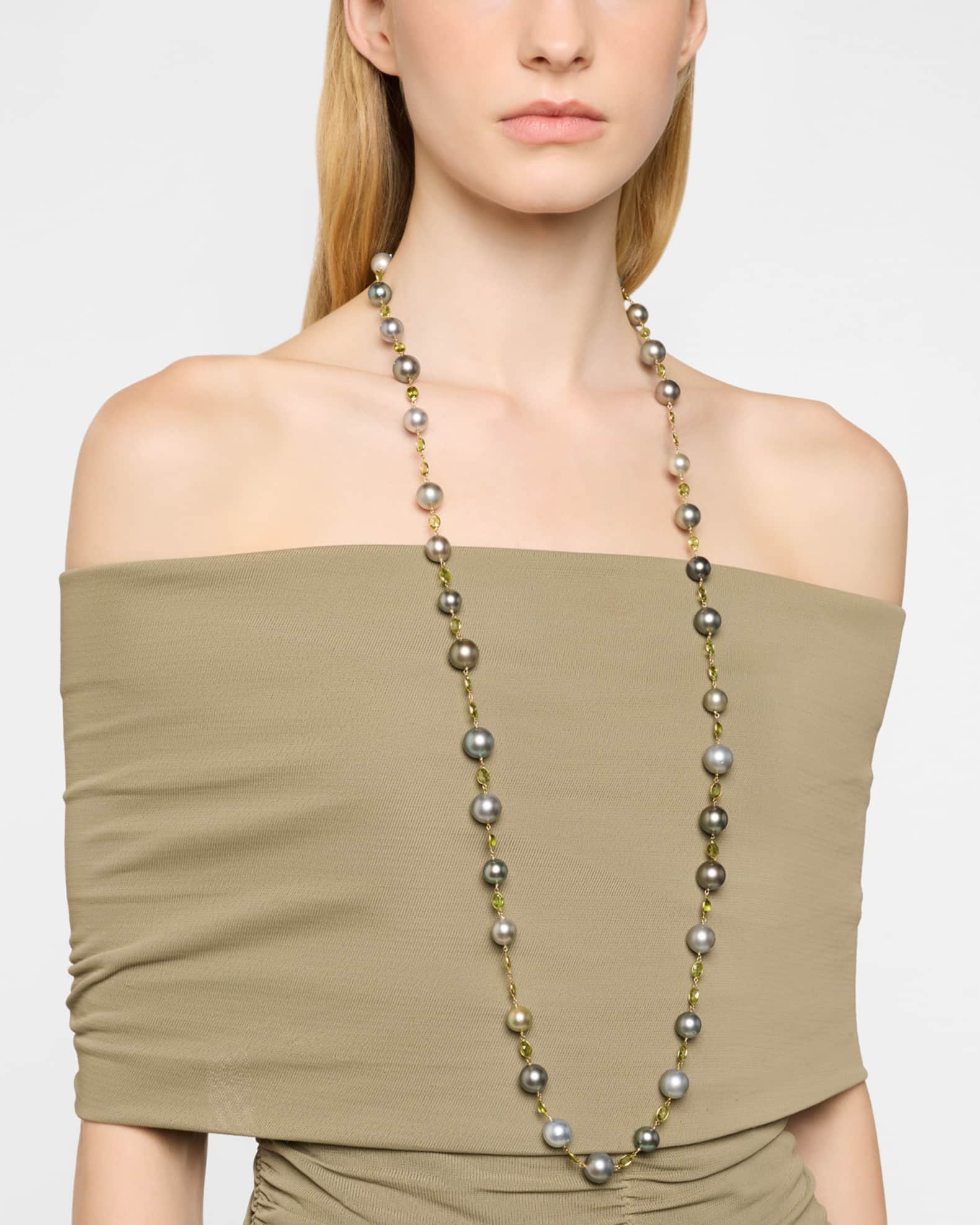 18K Yellow Gold Tahitian Pearl and Peridot Necklace, 32"L 1