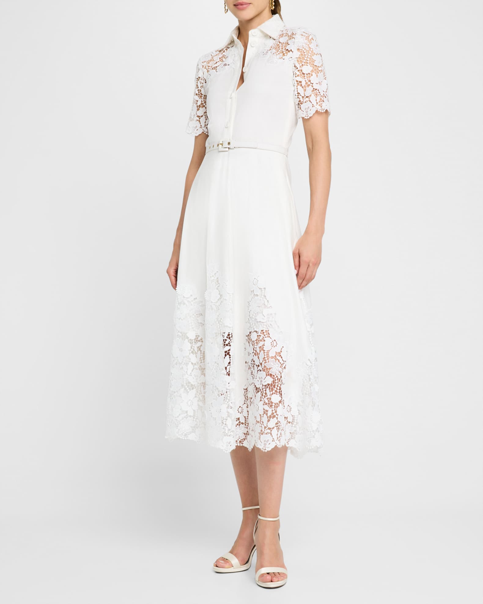 Lace-Inset Short-Sleeve Cotton Midi Shirtdress 1