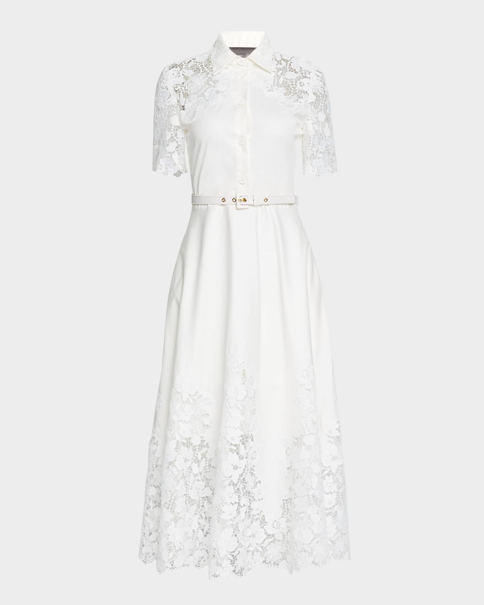 Lace-Inset Short-Sleeve Cotton Midi Shirtdress 0